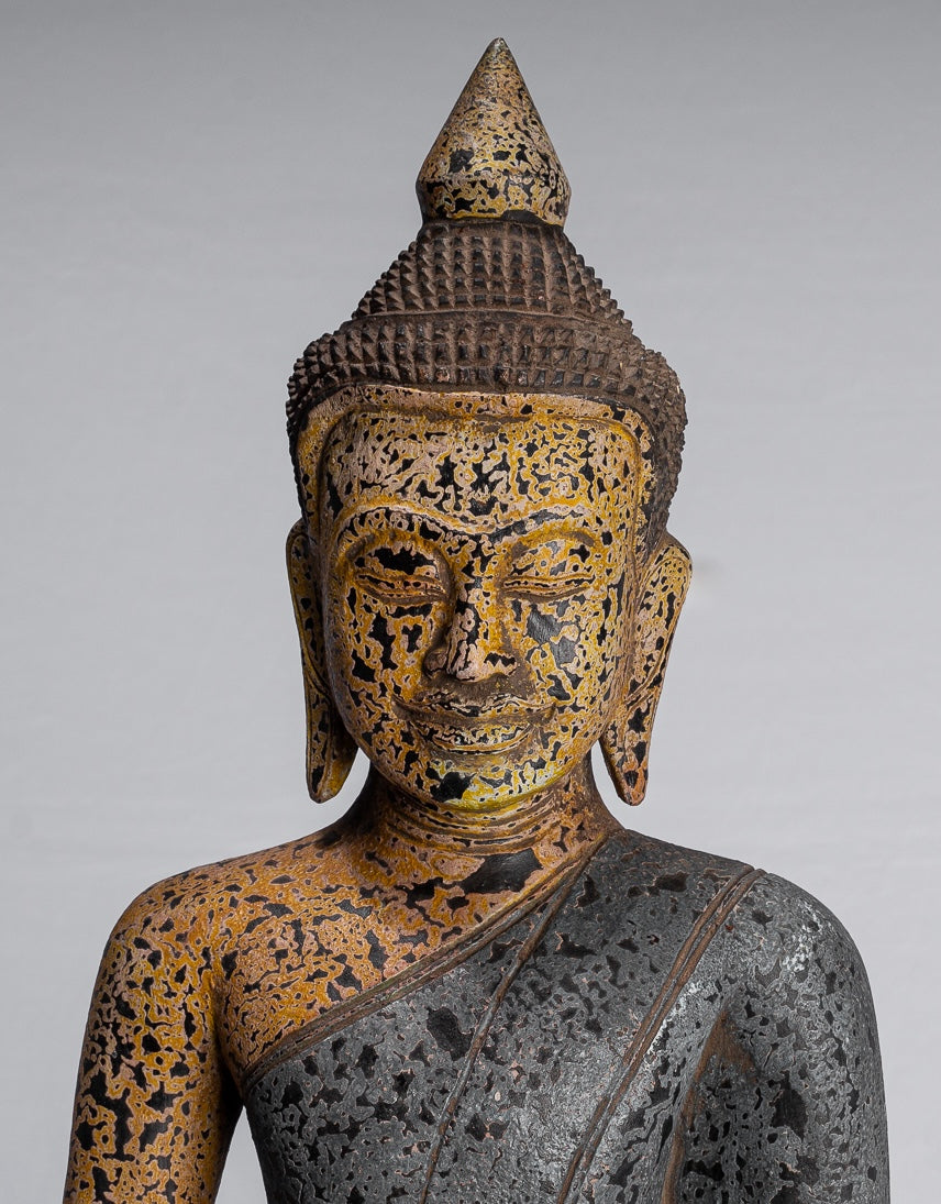 Buddha Statue - Antique Khmer Style SE Asia Seated Wood Enlightenment Buddha Statue - 45cm/18"