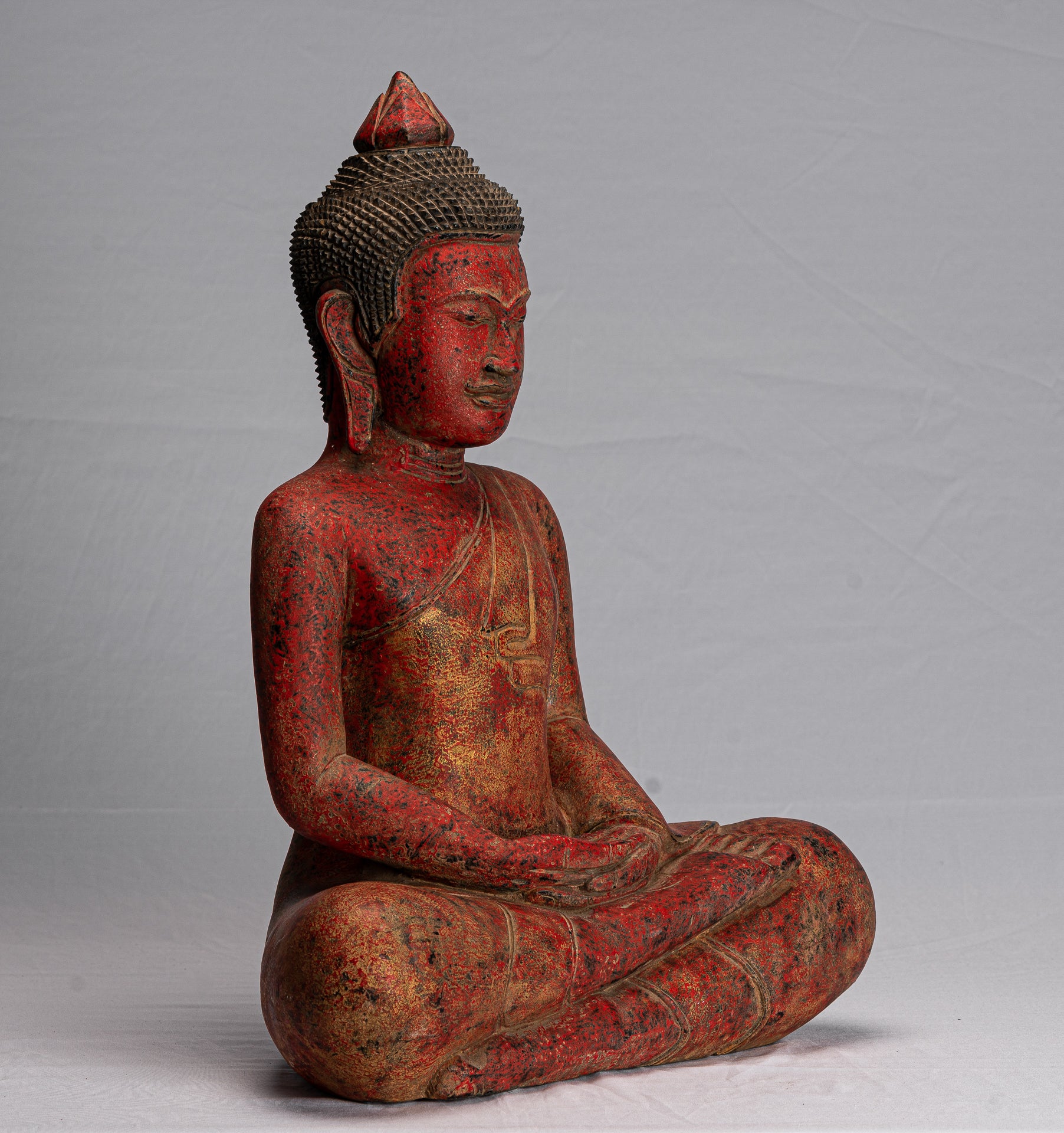 Buddha Statue - Antique Khmer Style SE Asia Seated Wood Meditation Buddha Statue - 51cm/20"