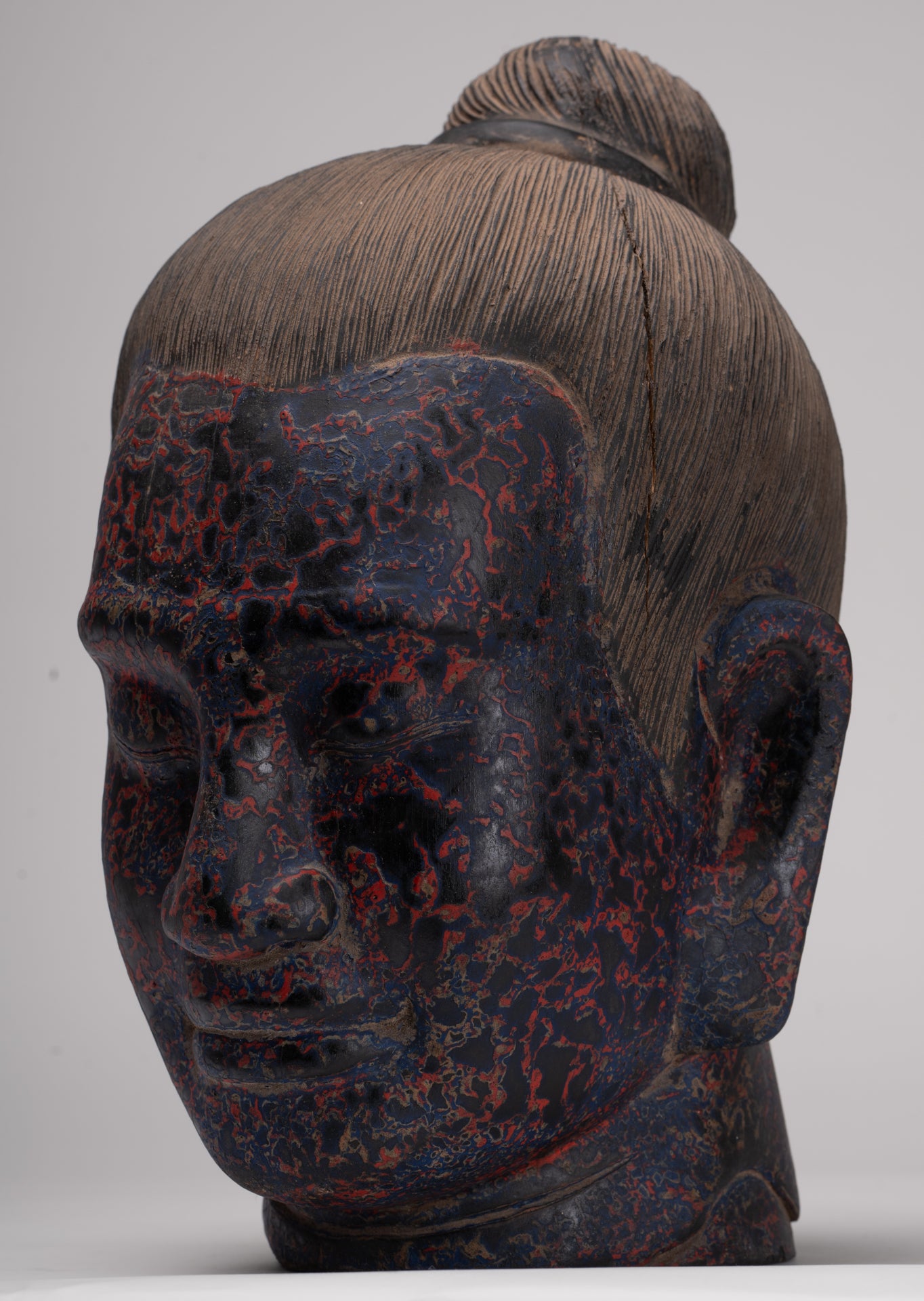 Jayavarman Statue - Antique Khmer Style Wood Jayavarman VII Head Statue - 29cm/12"