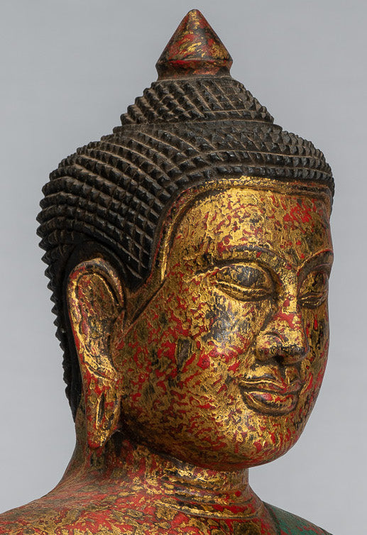 Antike sitzende Buddha-Statue aus Holz im Khmer-Stil, Dhyana-Meditations-Mudra – 37 cm.