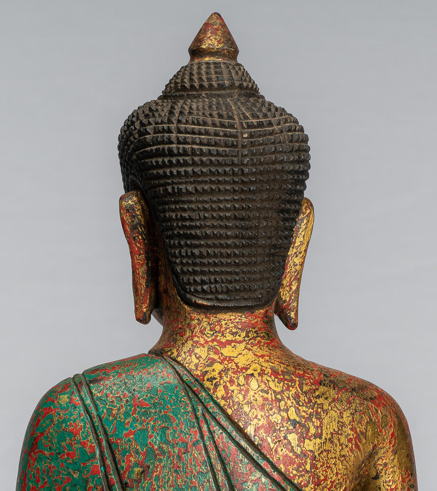 Antike sitzende Buddha-Statue aus Holz im Khmer-Stil, Dhyana-Meditations-Mudra – 37 cm.