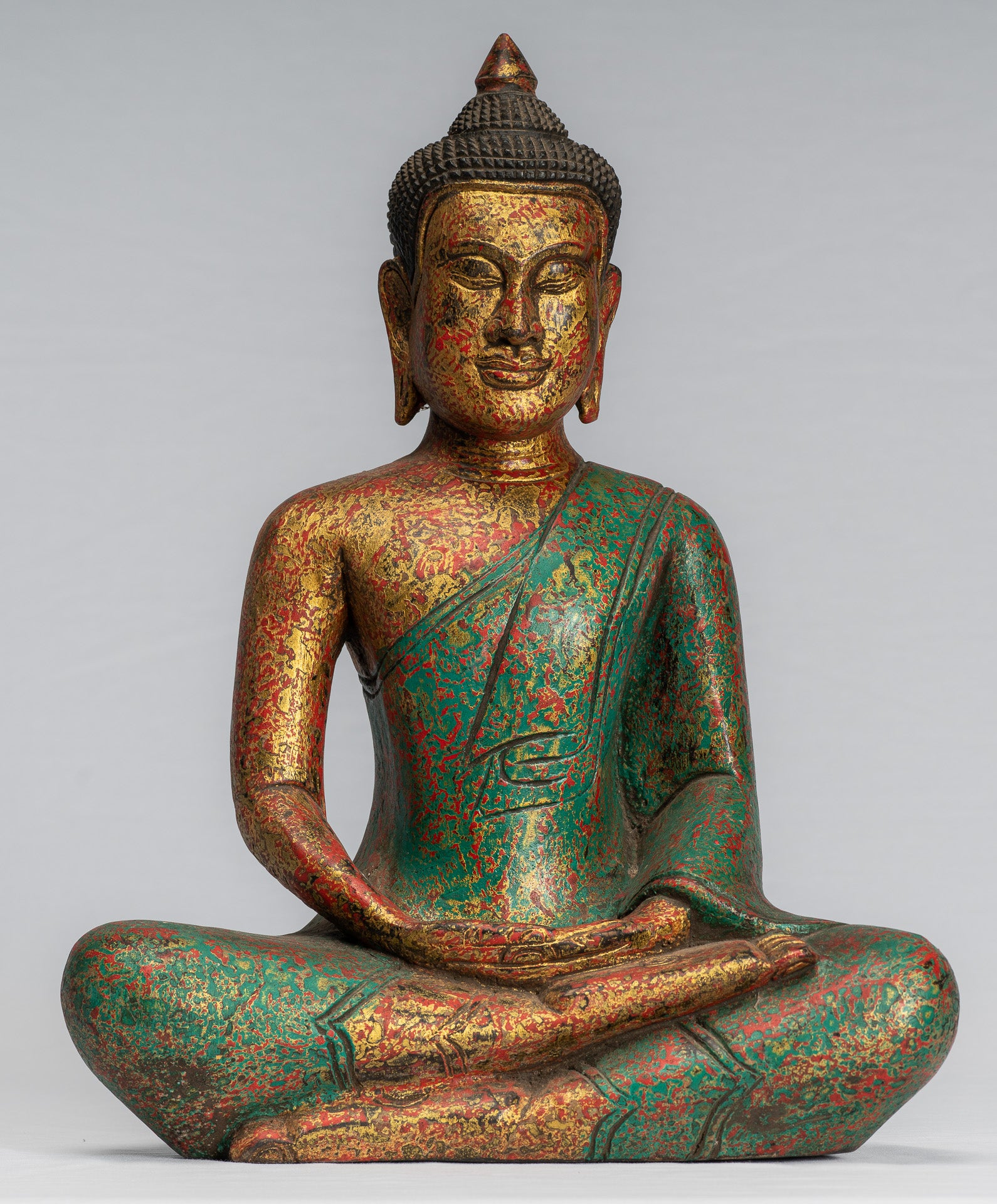 Antike sitzende Buddha-Statue aus Holz im Khmer-Stil, Dhyana-Meditations-Mudra – 37 cm.