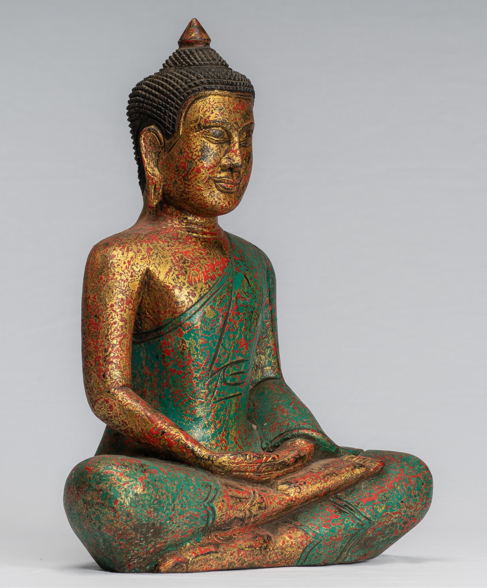 Antike sitzende Buddha-Statue aus Holz im Khmer-Stil, Dhyana-Meditations-Mudra – 37 cm.
