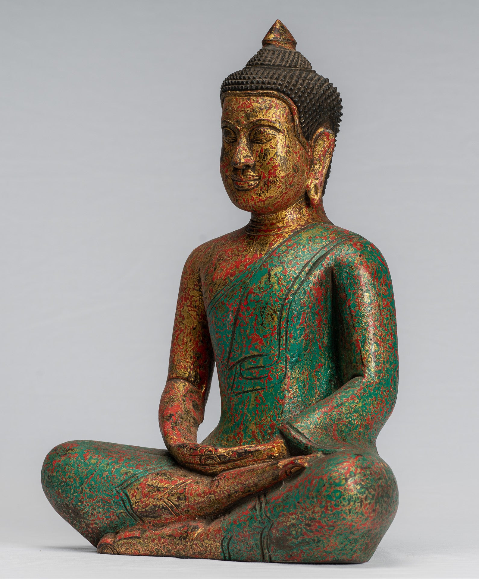 Antike sitzende Buddha-Statue aus Holz im Khmer-Stil, Dhyana-Meditations-Mudra – 37 cm.