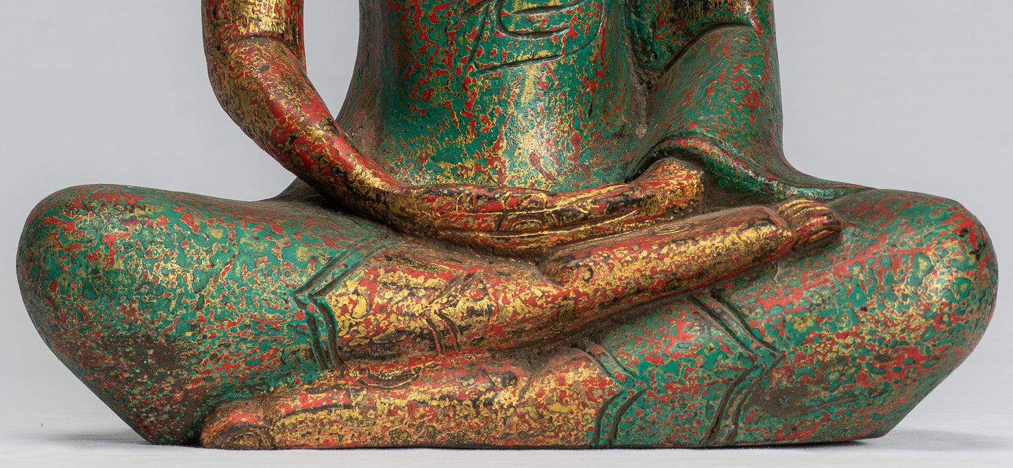 Antike sitzende Buddha-Statue aus Holz im Khmer-Stil, Dhyana-Meditations-Mudra – 37 cm.