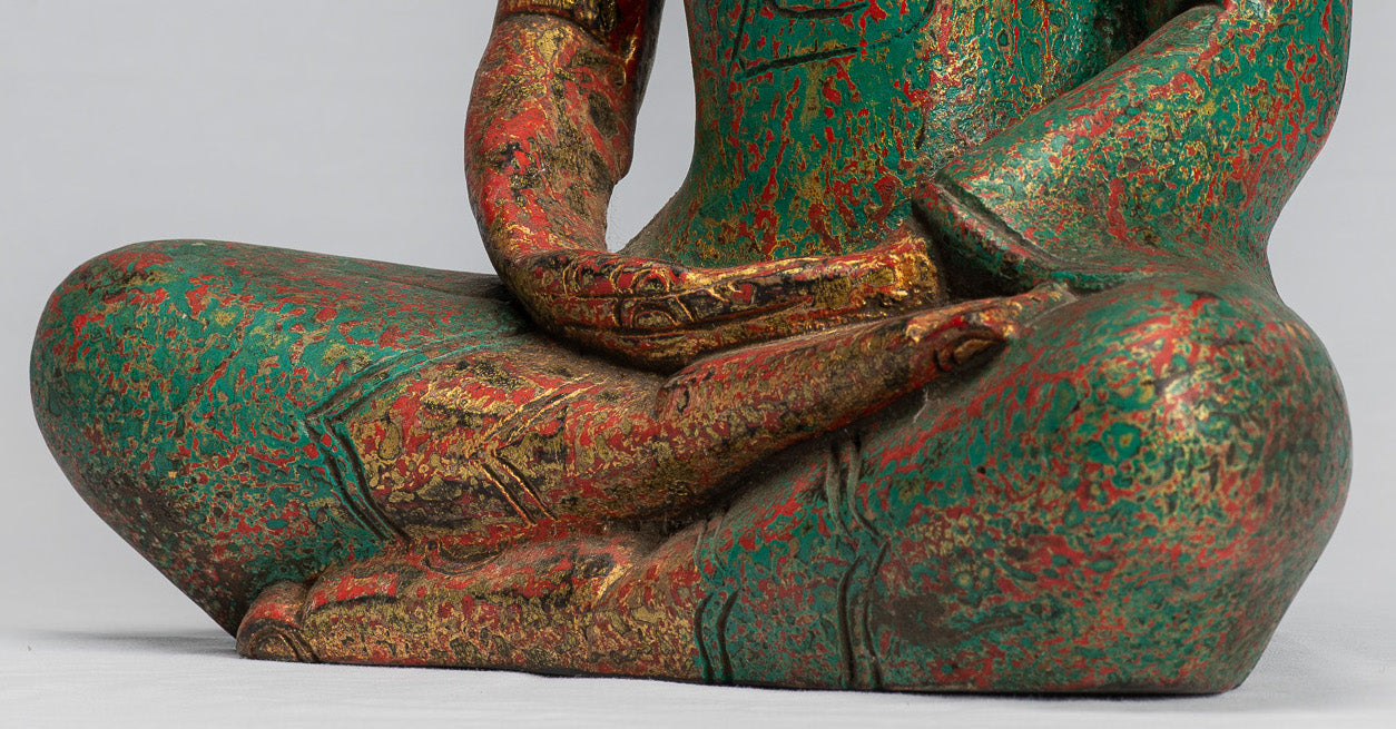 Antike sitzende Buddha-Statue aus Holz im Khmer-Stil, Dhyana-Meditations-Mudra – 37 cm.