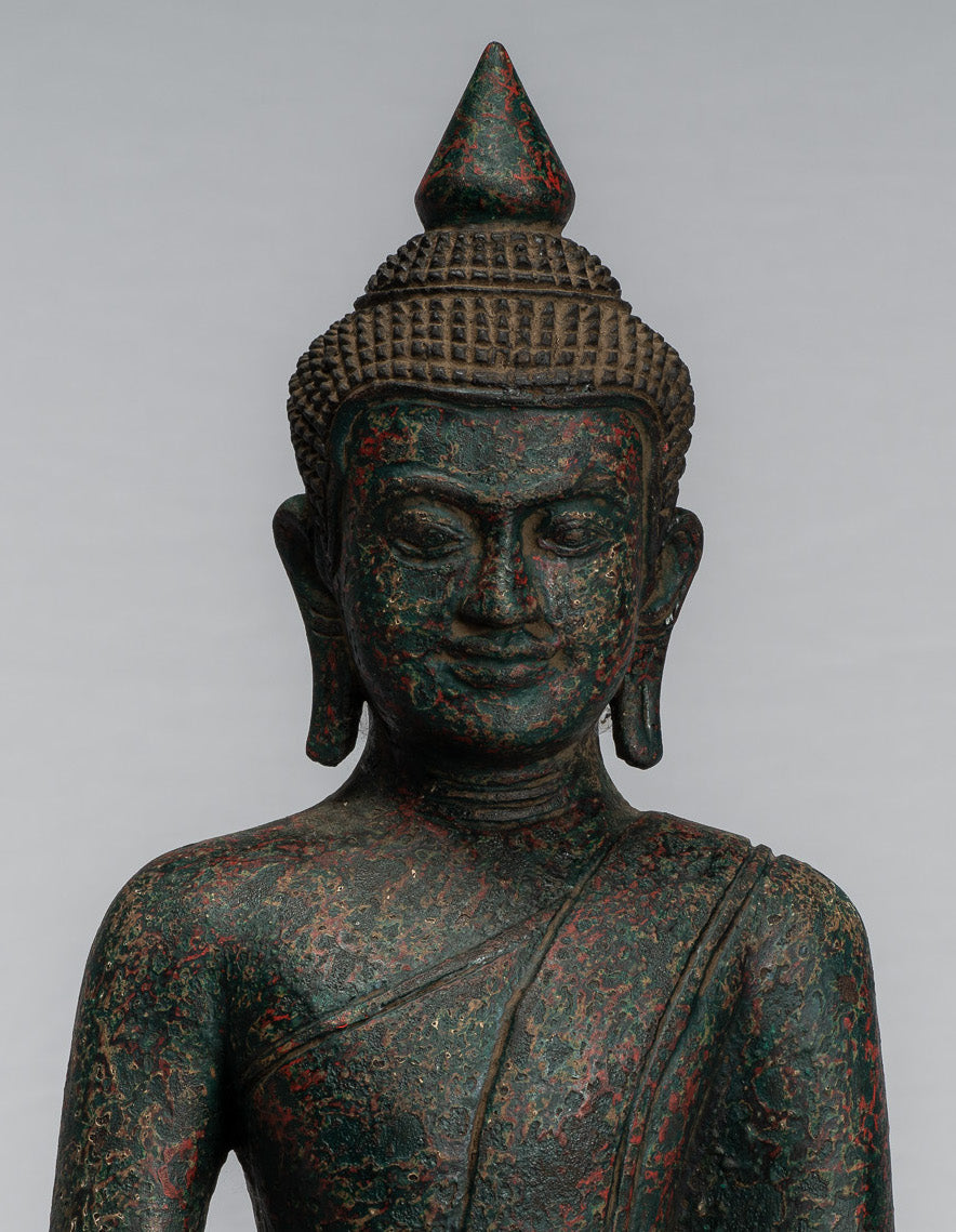 Buddha Statue - Antique Khmer Style SE Asia Seated Wood Enlightenment Buddha Statue - 39cm/16"
