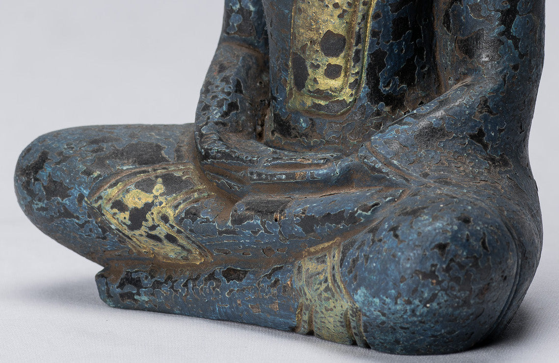 Buddha Sculpture - Antique Khmer Style Wood Seated Buddha Statue Dhyana Meditation Mudra - 21cm/8"