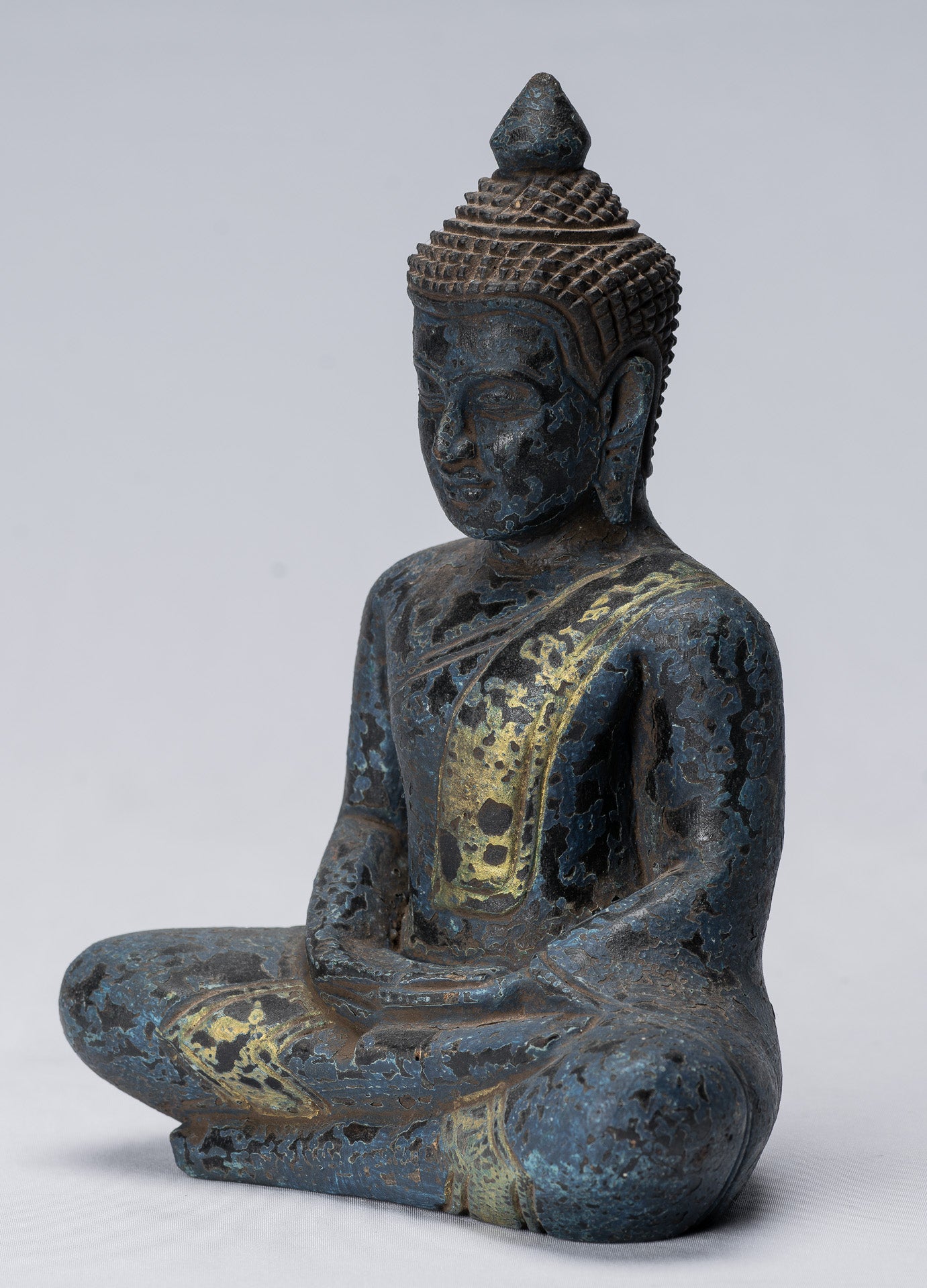 Buddha Sculpture - Antique Khmer Style Wood Seated Buddha Statue Dhyana Meditation Mudra - 21cm/8"