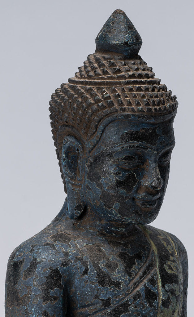 Buddha Sculpture - Antique Khmer Style Wood Seated Buddha Statue Dhyana Meditation Mudra - 21cm/8"
