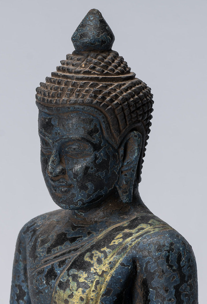 Buddha Sculpture - Antique Khmer Style Wood Seated Buddha Statue Dhyana Meditation Mudra - 21cm/8"