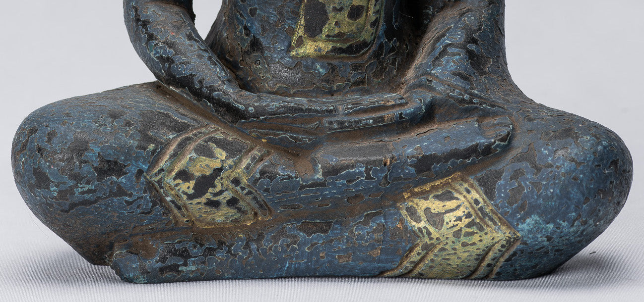 Buddha Sculpture - Antique Khmer Style Wood Seated Buddha Statue Dhyana Meditation Mudra - 21cm/8"