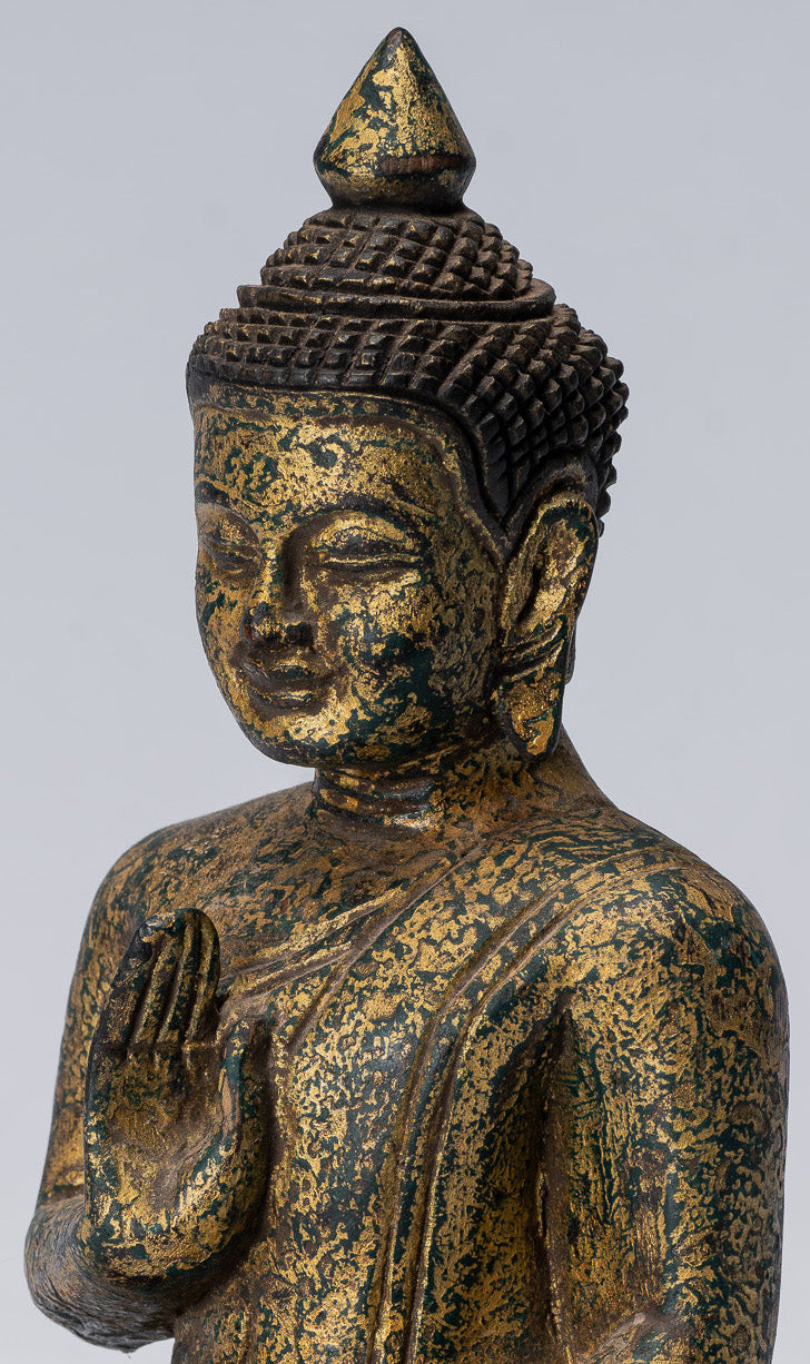 Escultura de Buda - Buda - Estatua de buda de madera de estilo jemer antiguo de estilo jemer enseñando mudra - 21 cm/8 "