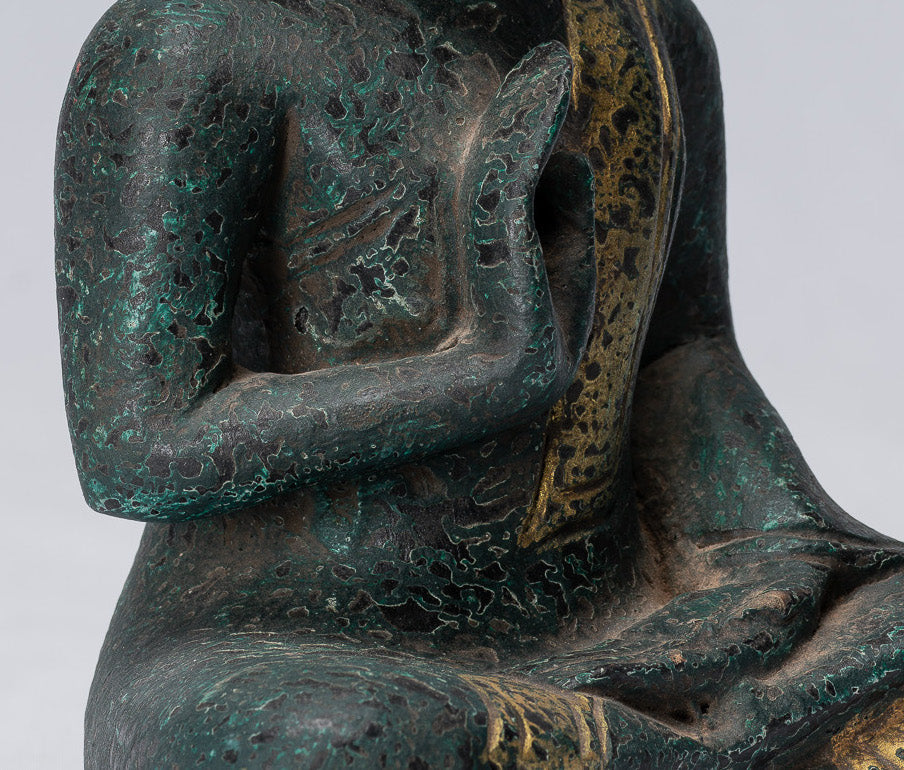 Buddha Sculpture - Buddha - Antique Khmer Style Seated Wood Buddha Statue Teaching Mudra - 20cm/8"
