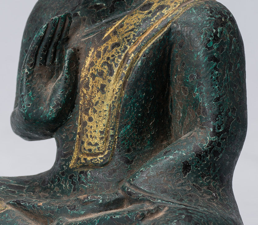 Buddha Sculpture - Buddha - Antique Khmer Style Seated Wood Buddha Statue Teaching Mudra - 20cm/8"