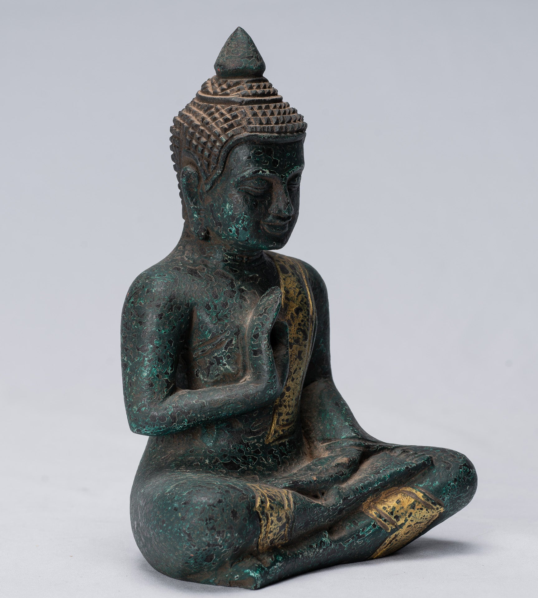Buddha Sculpture - Buddha - Antique Khmer Style Seated Wood Buddha Statue Teaching Mudra - 20cm/8"