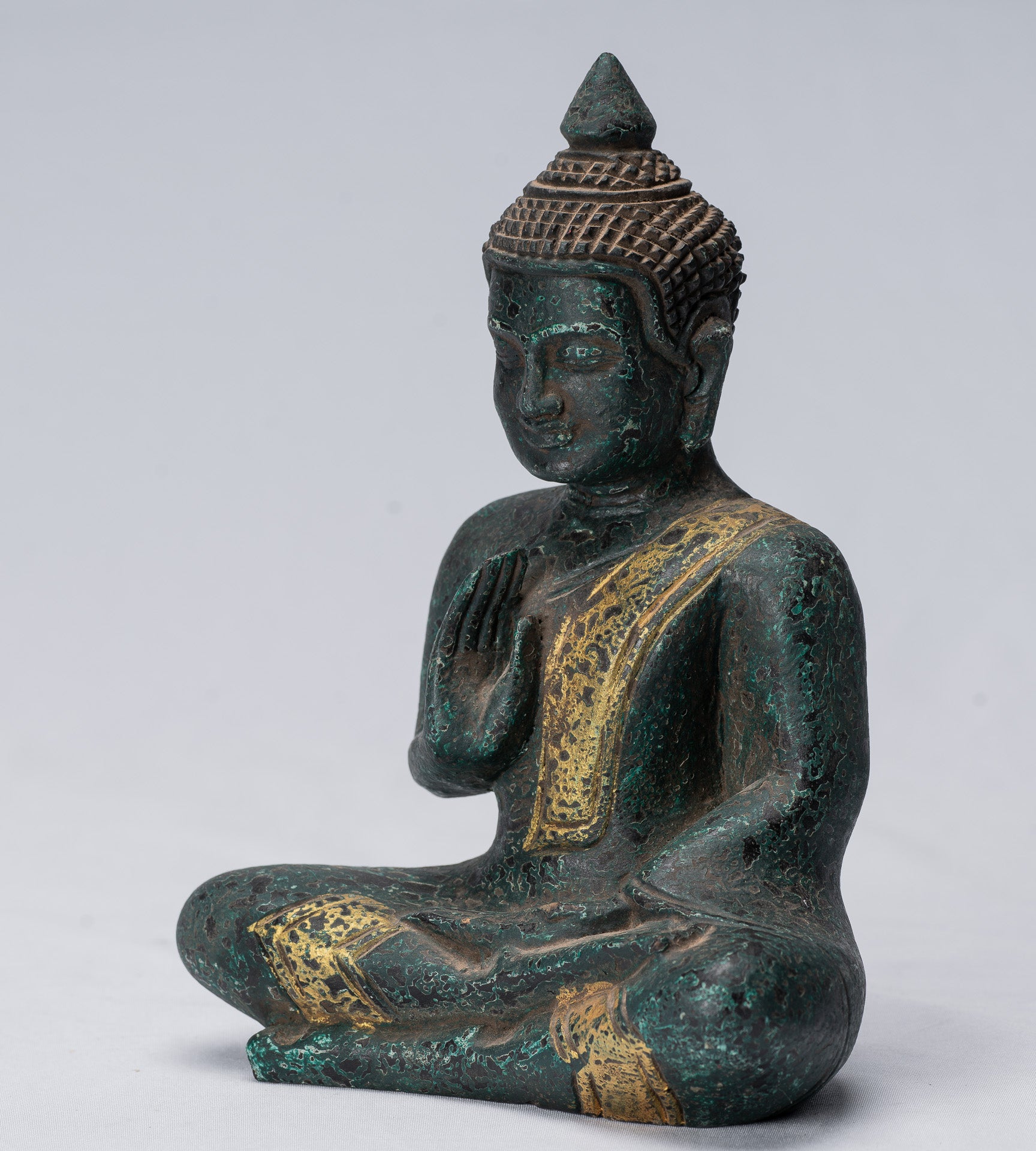 Buddha Sculpture - Buddha - Antique Khmer Style Seated Wood Buddha Statue Teaching Mudra - 20cm/8"