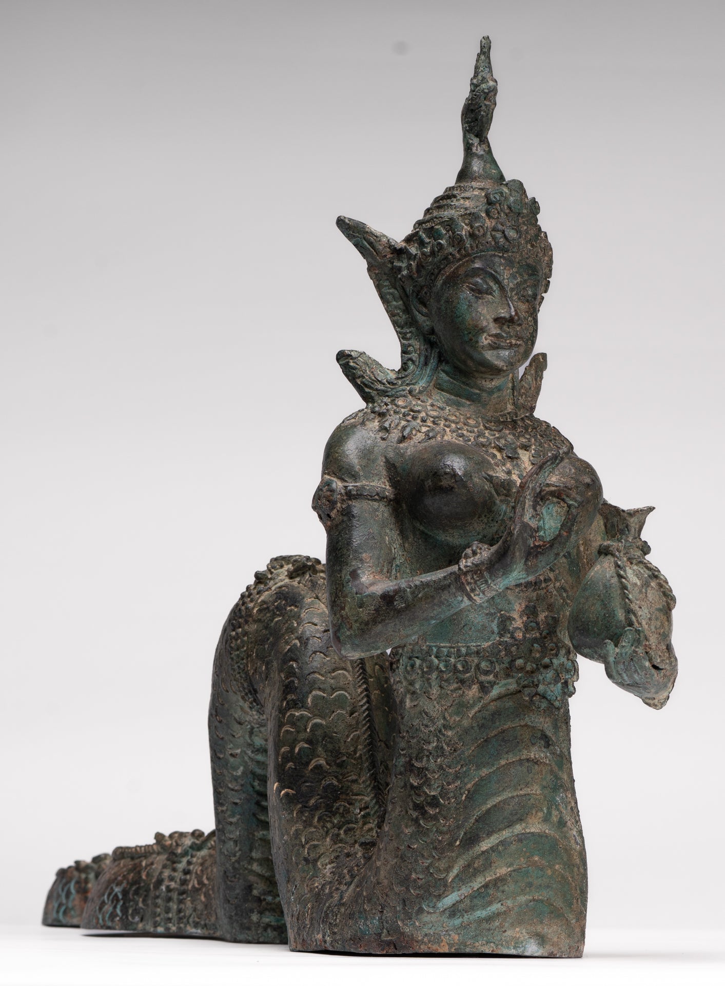Naga Statue - Antique Thai Style Bronze Female Deity with Naga Tail Statue - 41cm/16"