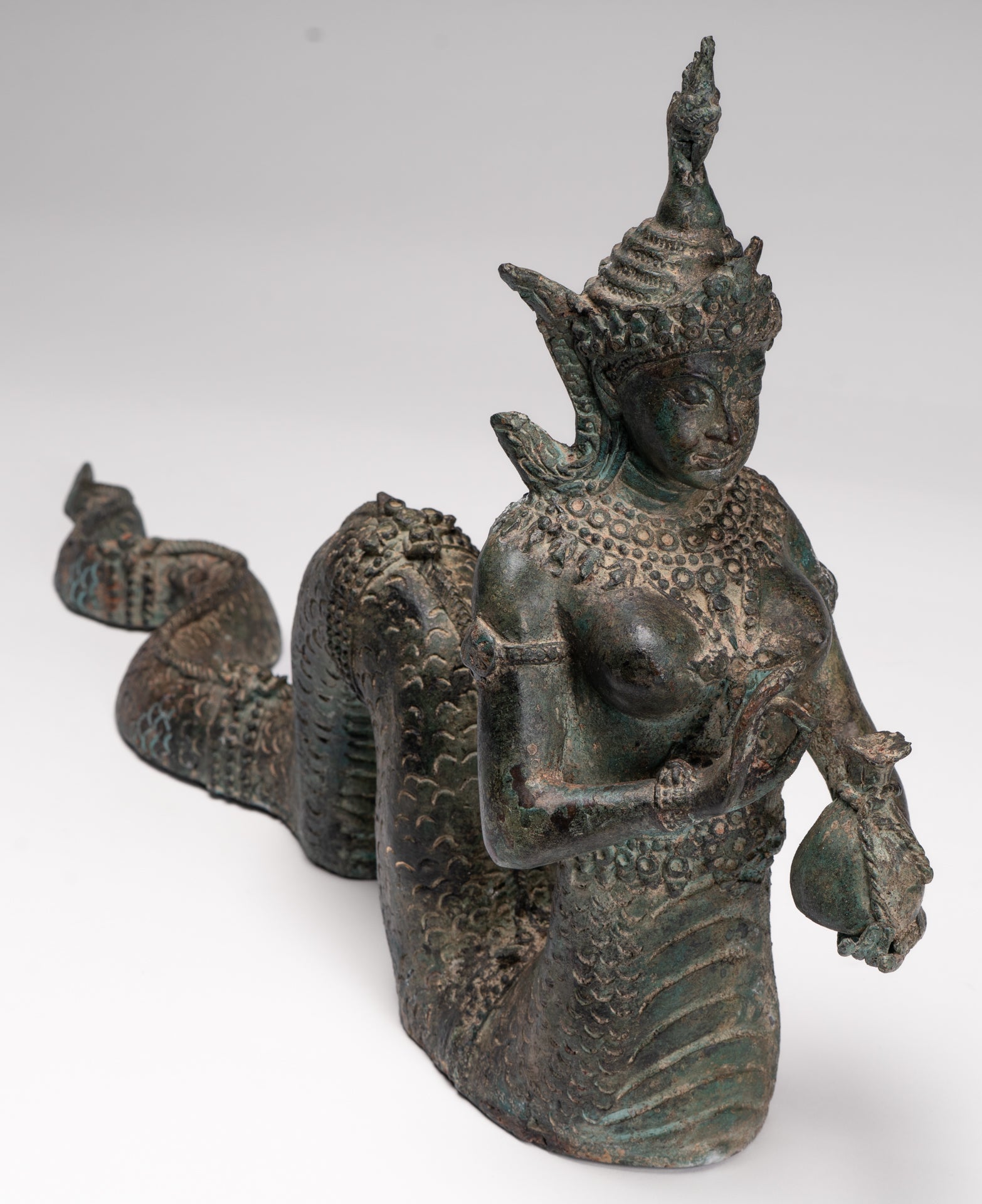 Naga Statue - Antique Thai Style Bronze Female Deity with Naga Tail Statue - 41cm/16"