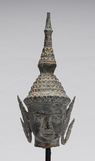 Buddha - Antique Thai Style Bronze Rattanakosin Buddha Head Statue - 32cm/13"
