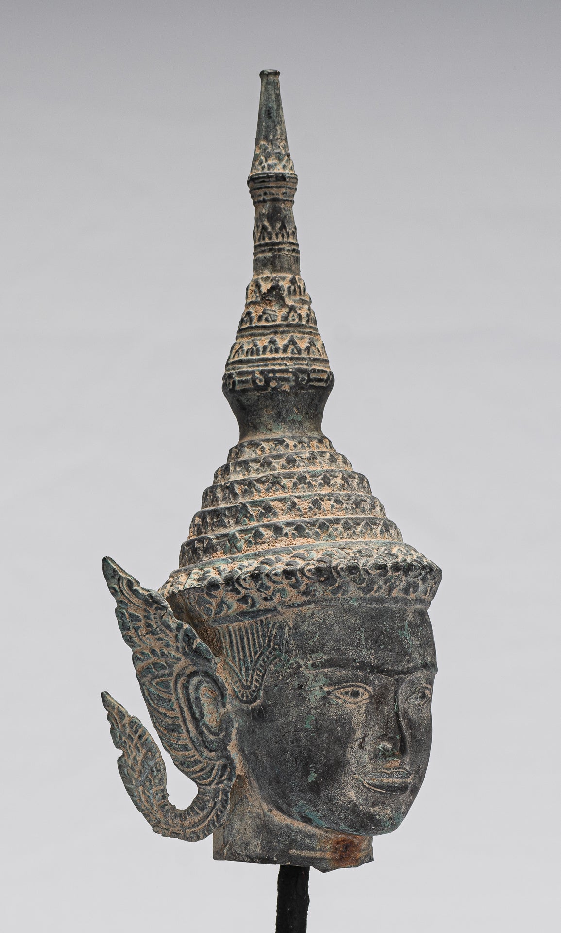 Buddha - Antique Thai Style Bronze Rattanakosin Buddha Head Statue - 32cm/13"