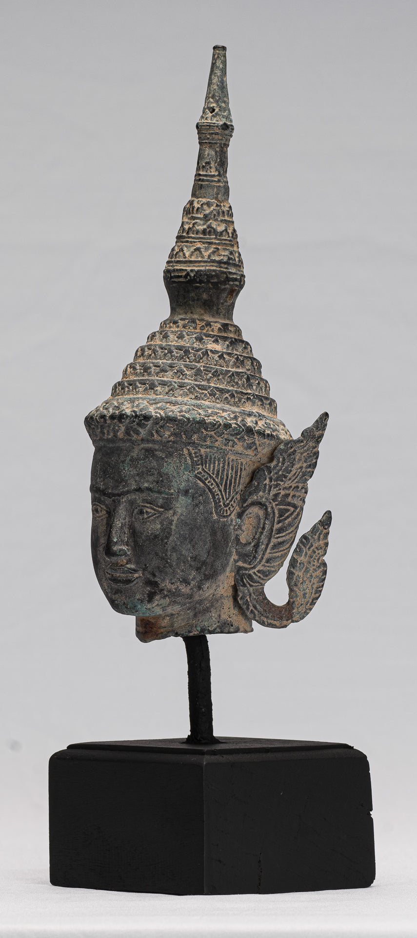 Buddha - Antique Thai Style Bronze Rattanakosin Buddha Head Statue - 32cm/13"