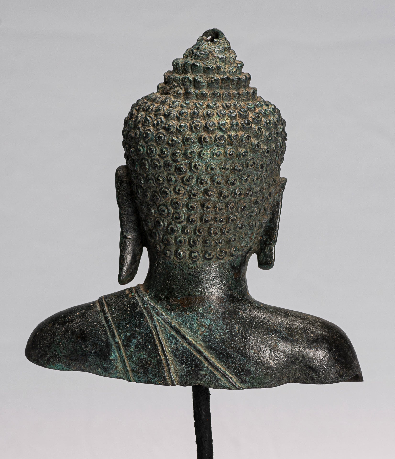 Buddha-Statue – Antik-Thai-Stil montierte Dvaravati-Bronze-Buddha-Kopf-Statue – 31 cm/12 Zoll