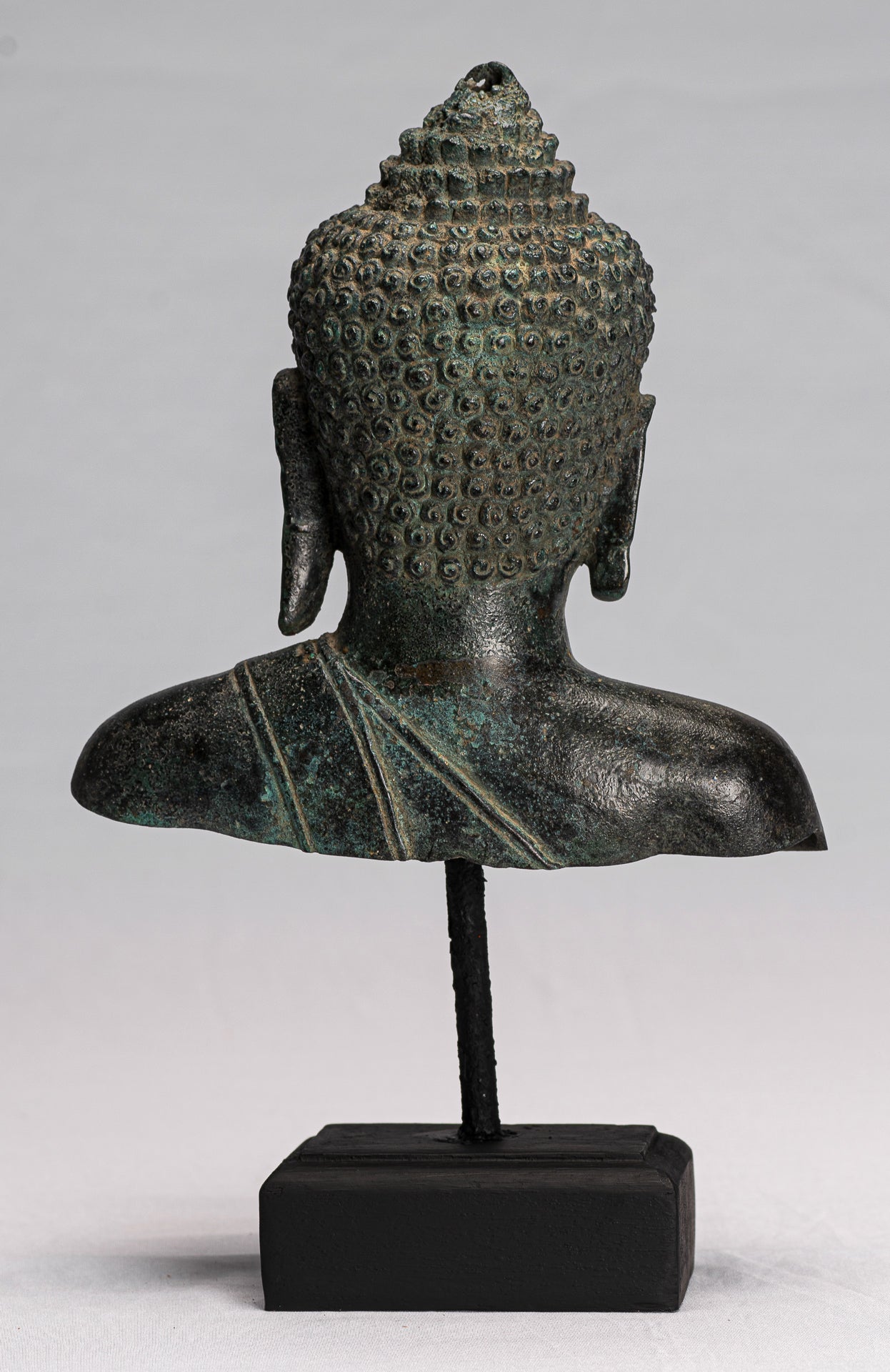 Buddha-Statue – Antik-Thai-Stil montierte Dvaravati-Bronze-Buddha-Kopf-Statue – 31 cm/12 Zoll