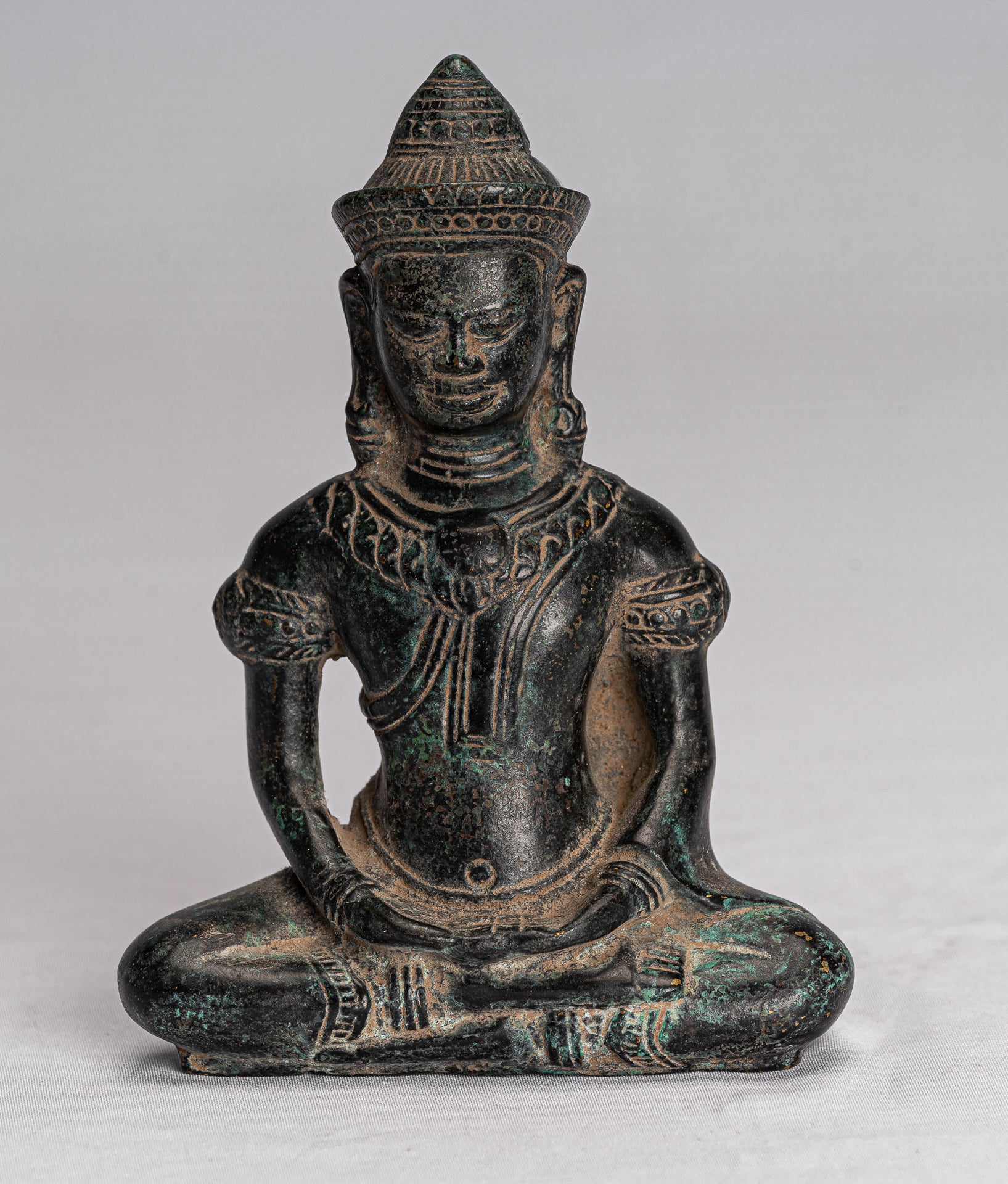 Statue de Bouddha – Statue de Bouddha Bayon de méditation en bronze de style khmer antique – 14 cm