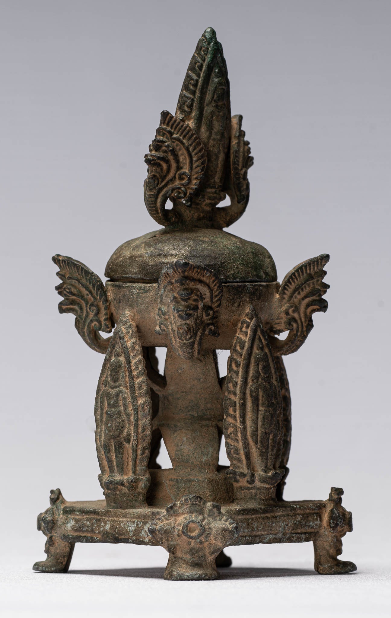 Bouddha Statue-Antique Thaï Style Bronze Charity Buddha & Naga Stupa -14cm/6 " Tall