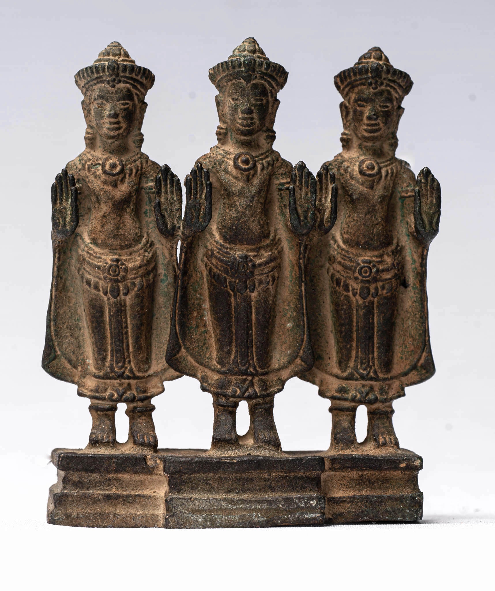 Buddha Statue-Antique Khmer Style Standing Bronze Protection Buddha Statue Triptychon-10.5cm/4"