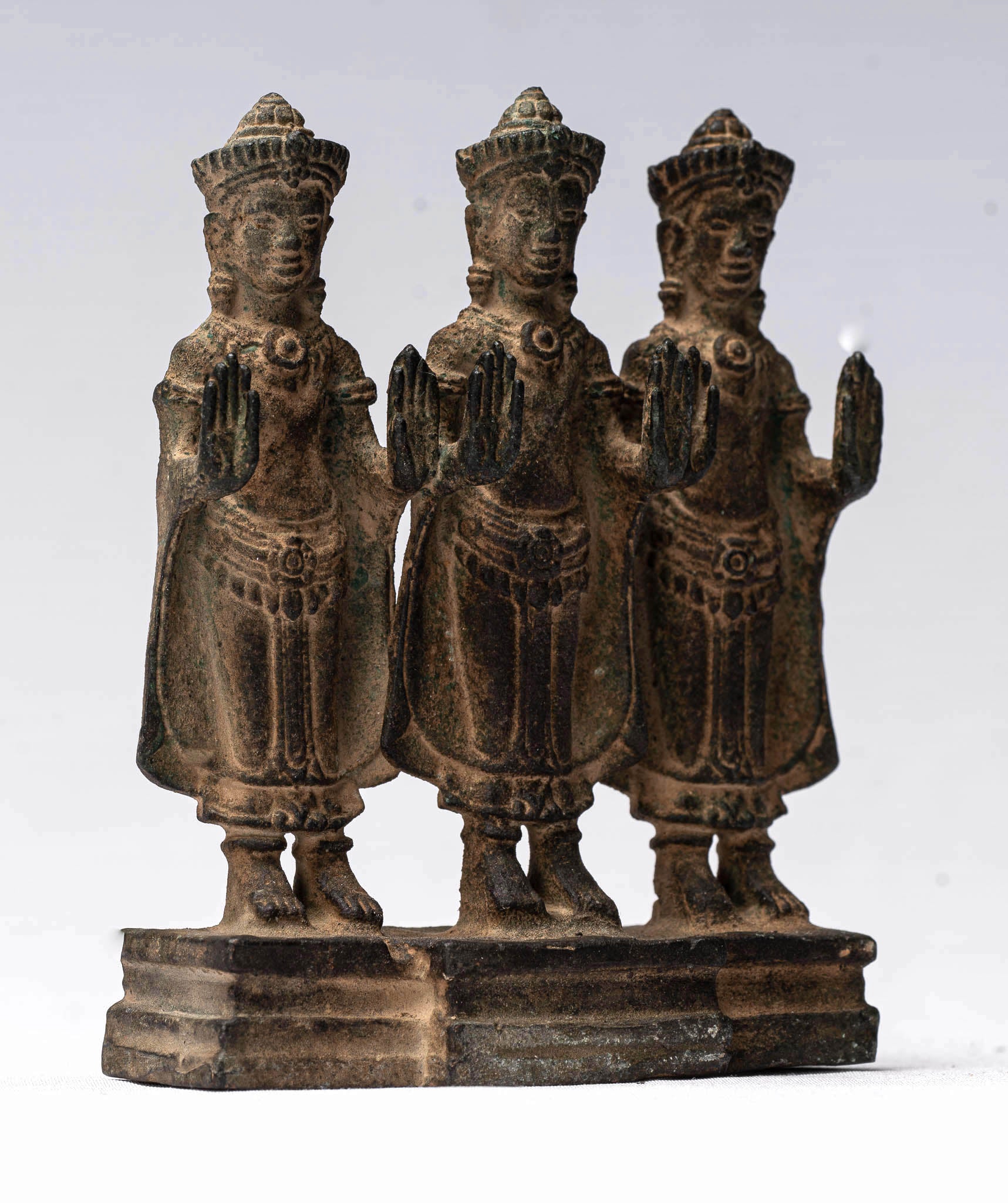 Buddha Statue-Antique Khmer Style Standing Bronze Protection Buddha Statue Triptychon-10.5cm/4"