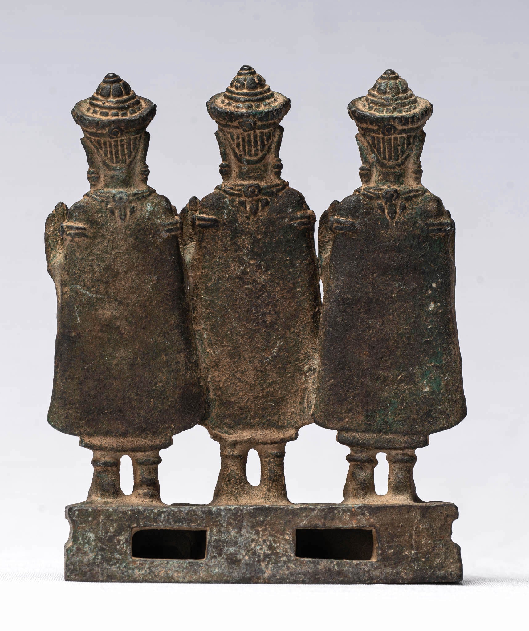Buddha Statue-Antique Khmer Style Standing Bronze Protection Buddha Statue Triptychon-10.5cm/4"