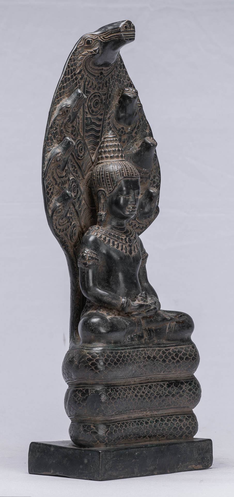 Buddha Statue - Antique Bayon Style Khmer Seated Bronze Naga Meditation Buddha - 43cm/17"