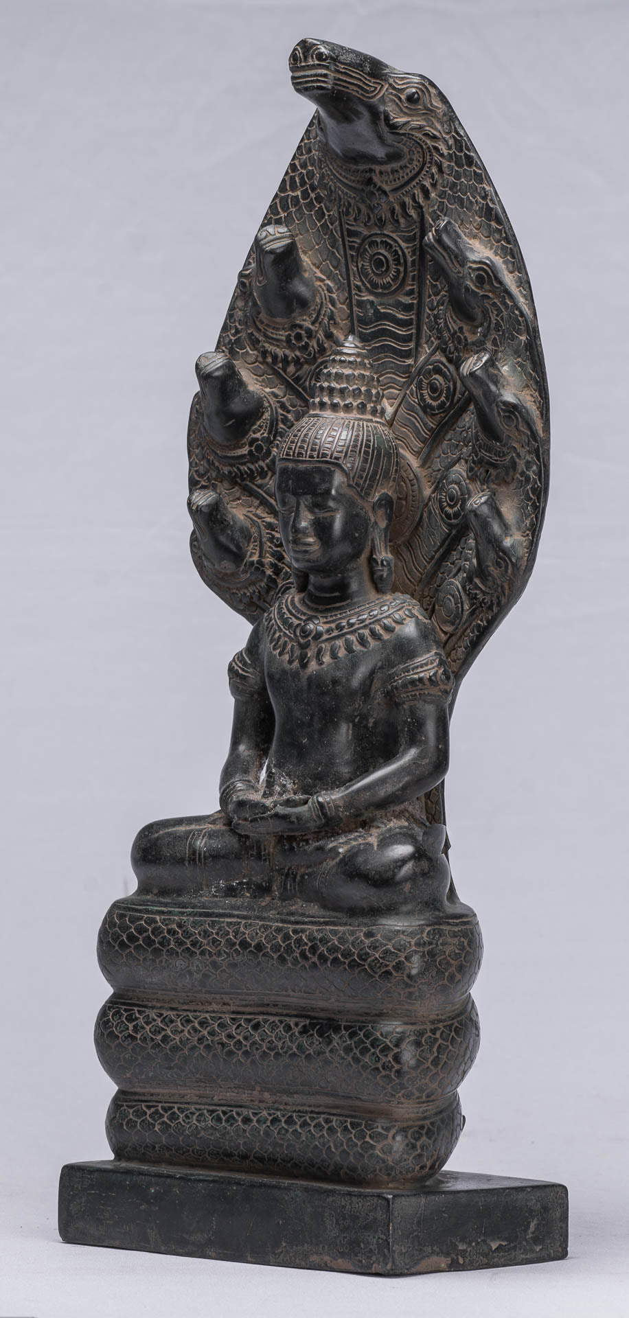 Buddha Statue - Antique Bayon Style Khmer Seated Bronze Naga Meditation Buddha - 43cm/17"