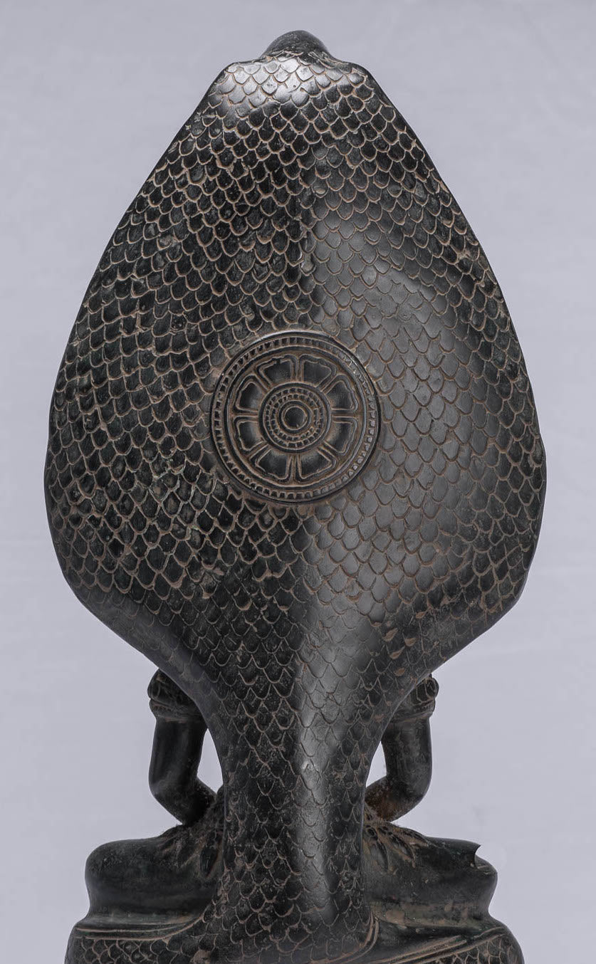 Buddha Statue - Antique Bayon Style Khmer Seated Bronze Naga Meditation Buddha - 43cm/17"