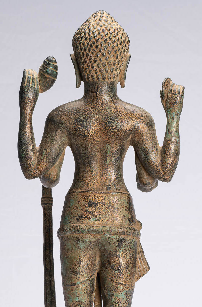 Statue antique de Vishnu debout en bronze de style khmer – Protecteur – 54 cm/22"