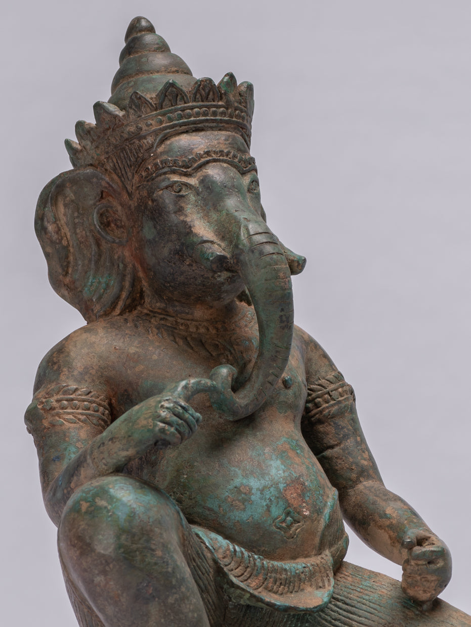 Statue Ganesha - Statua Ganesh in ginocchio in bronzo tailandese antico - 25 cm/10 "