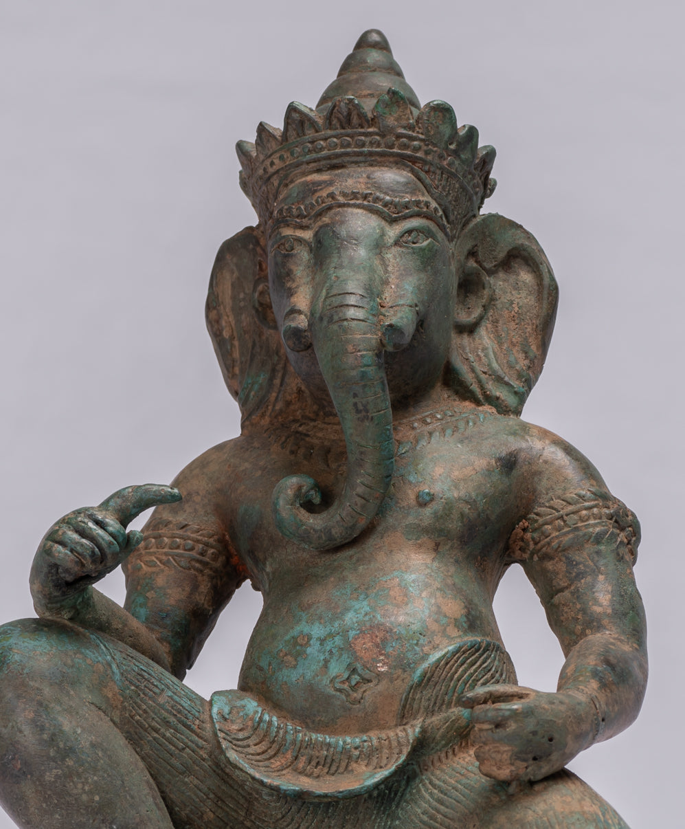 Statue Ganesha - Statua Ganesh in ginocchio in bronzo tailandese antico - 25 cm/10 "