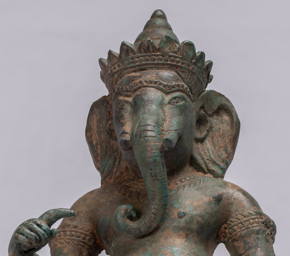 Statue Ganesha - Statua Ganesh in ginocchio in bronzo tailandese antico - 25 cm/10 "