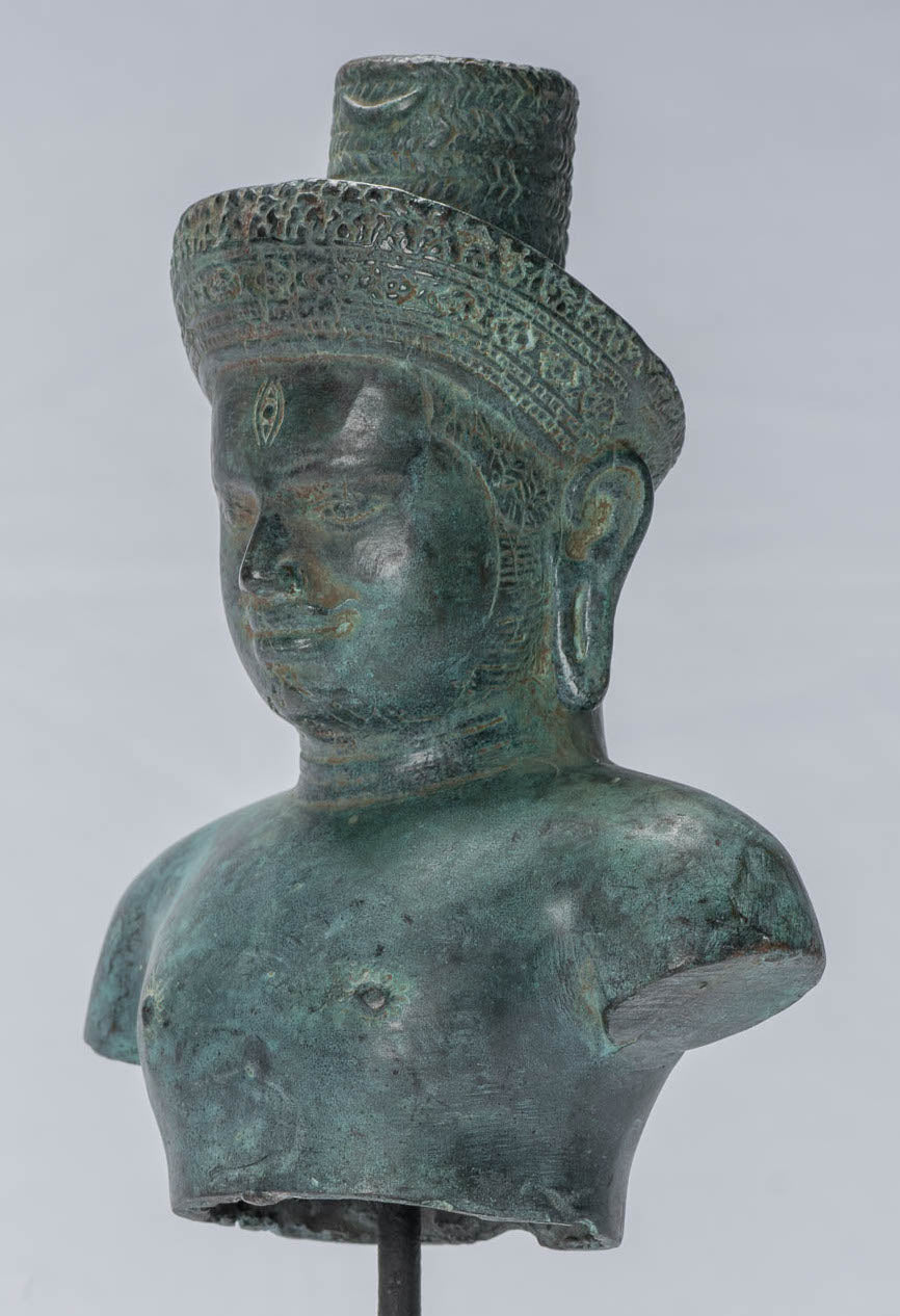 Estatua de Shiva - Estatua de Torso Montado de bronce antiguo de estilo Khmer - 27 cm/11 "