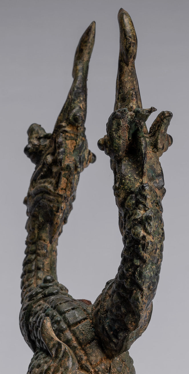Bronzo di bronzo tailandese antico a due teste protettiva Naga, serpente o statua a serpente - 30 cm/12 "
