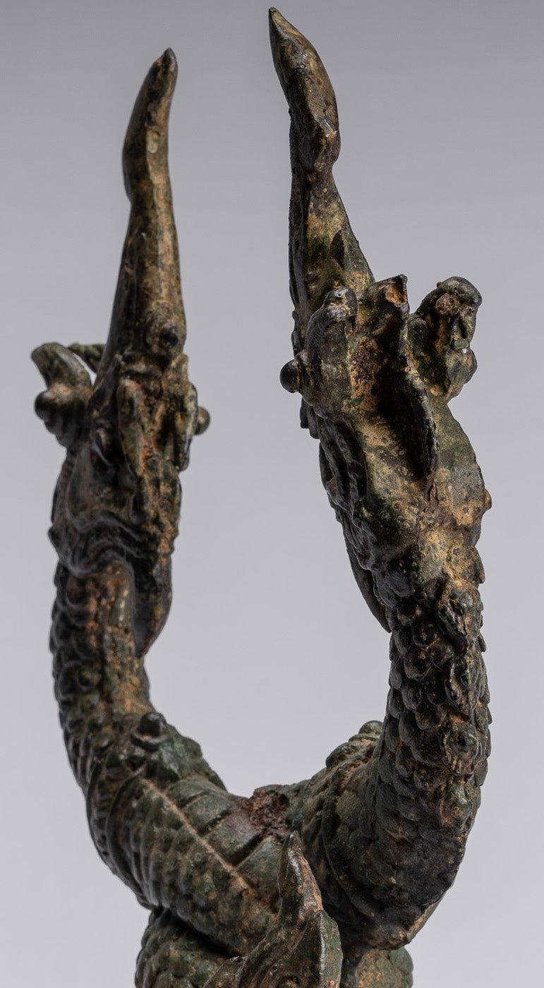 Bronzo di bronzo tailandese antico a due teste protettiva Naga, serpente o statua a serpente - 30 cm/12 "