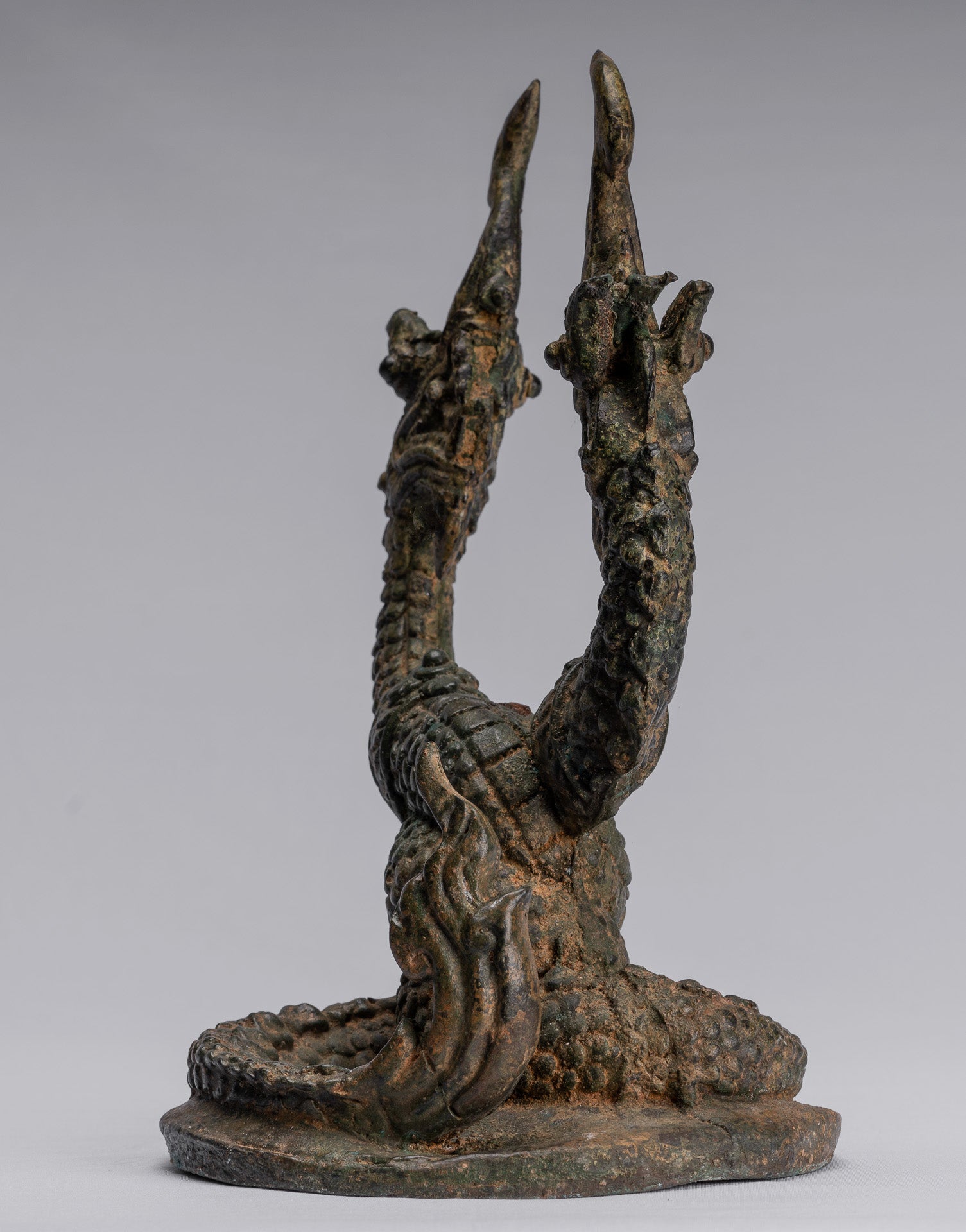 Bronzo di bronzo tailandese antico a due teste protettiva Naga, serpente o statua a serpente - 30 cm/12 "