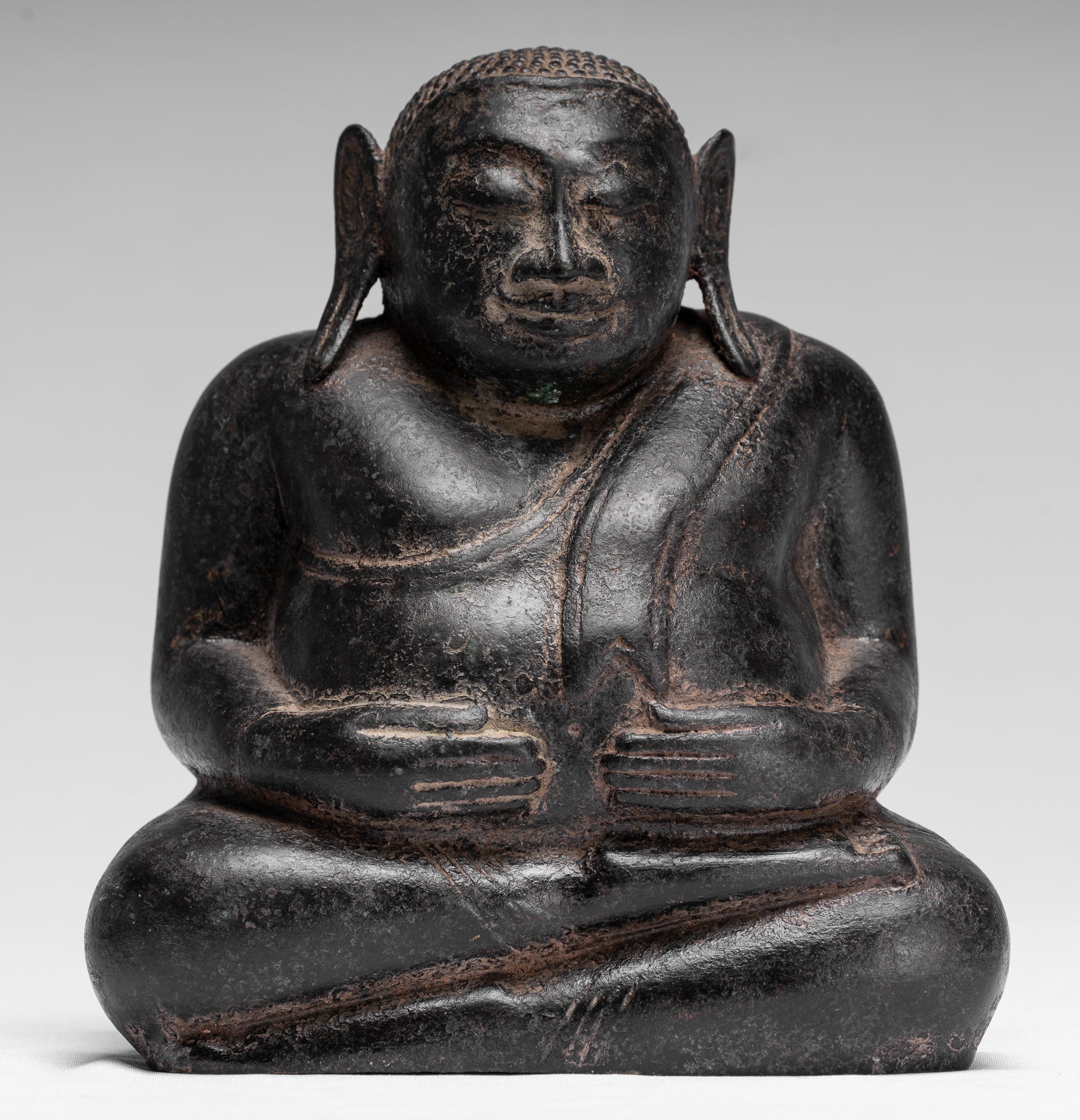 Statue di Buddha - Antique Khmer in stile Khmer Bronzo felice, grasso, statua di Buddha Budai - 18 cm/7 "