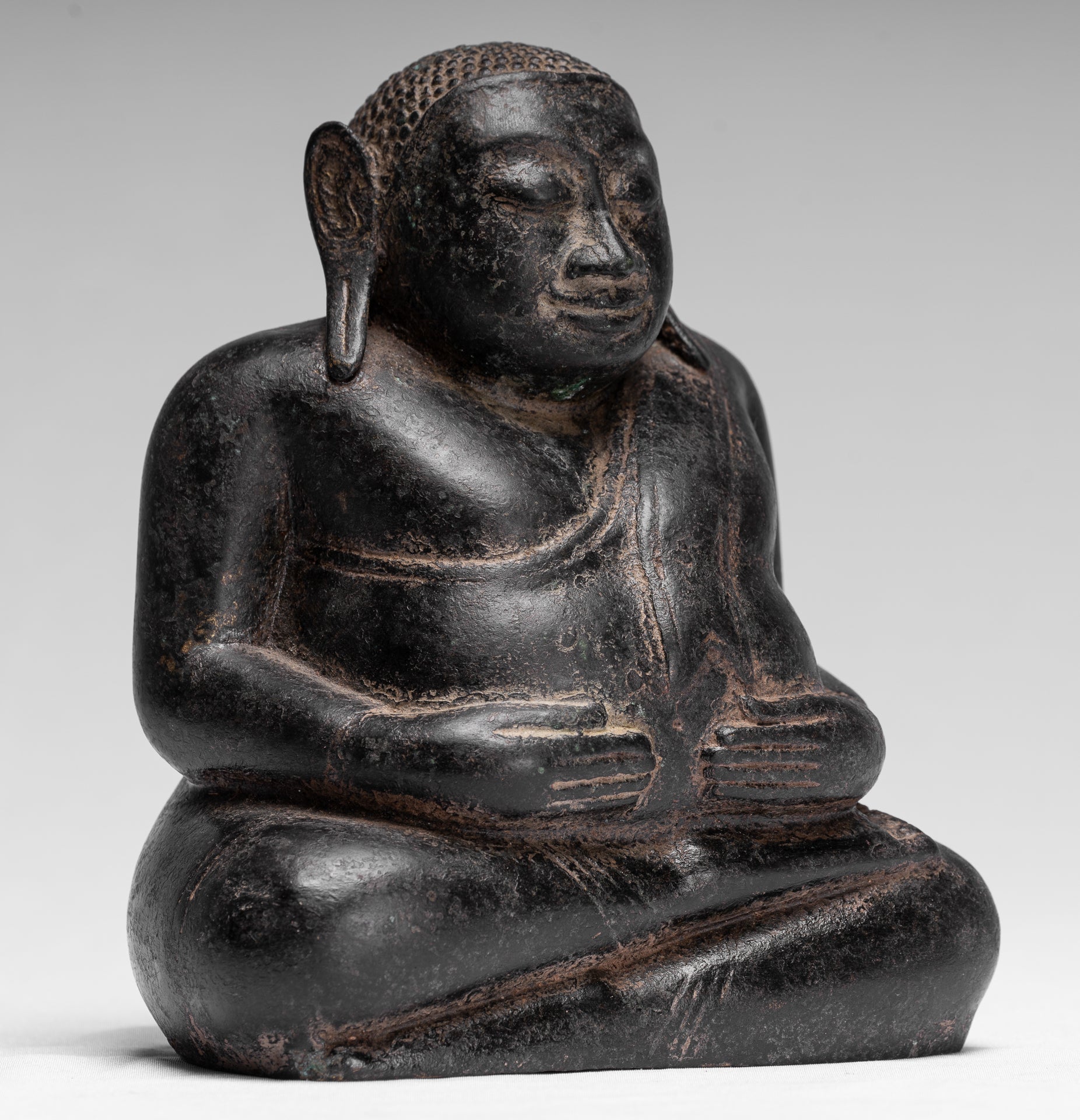 Statue di Buddha - Antique Khmer in stile Khmer Bronzo felice, grasso, statua di Buddha Budai - 18 cm/7 "