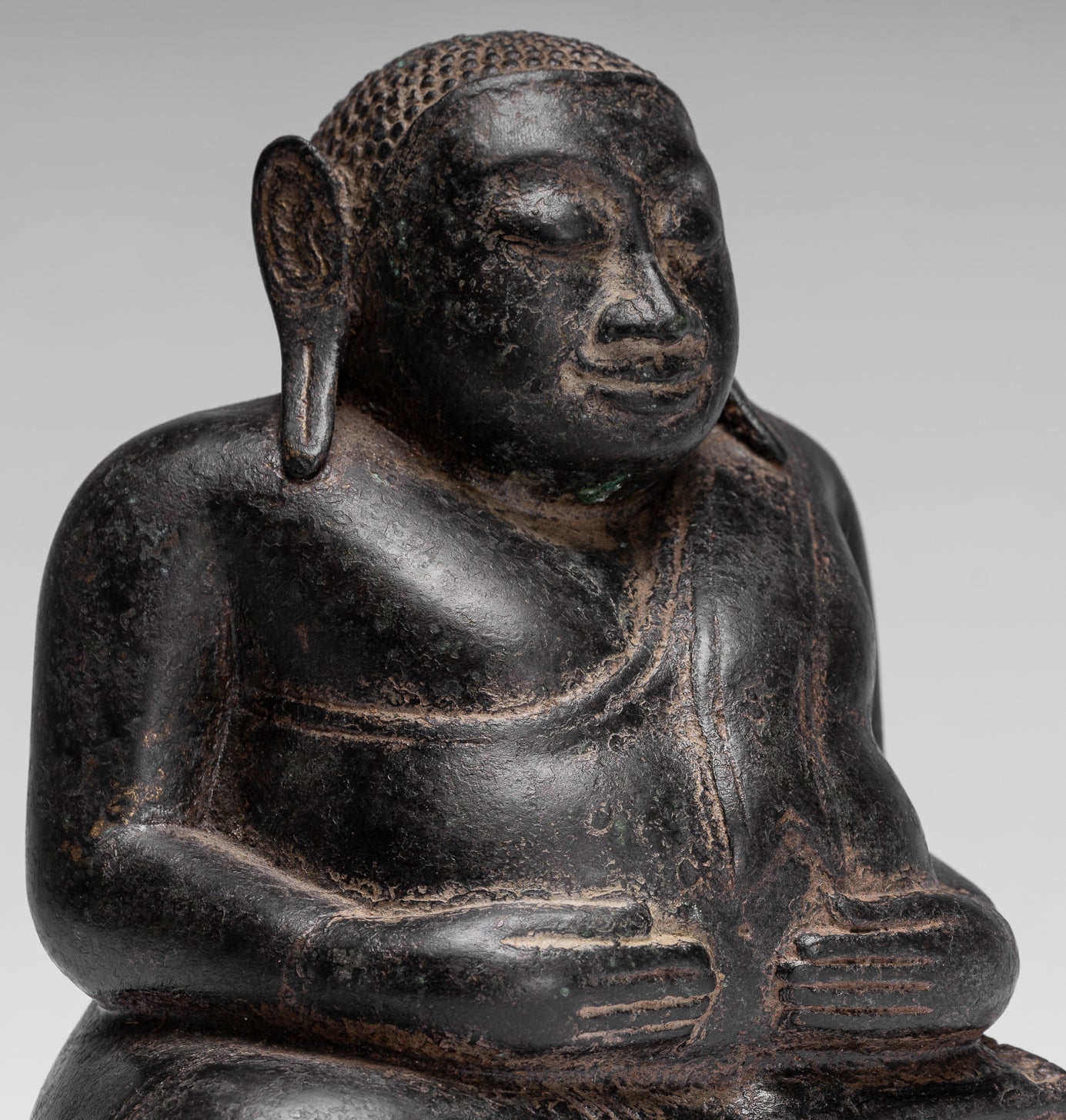 Statue di Buddha - Antique Khmer in stile Khmer Bronzo felice, grasso, statua di Buddha Budai - 18 cm/7 "