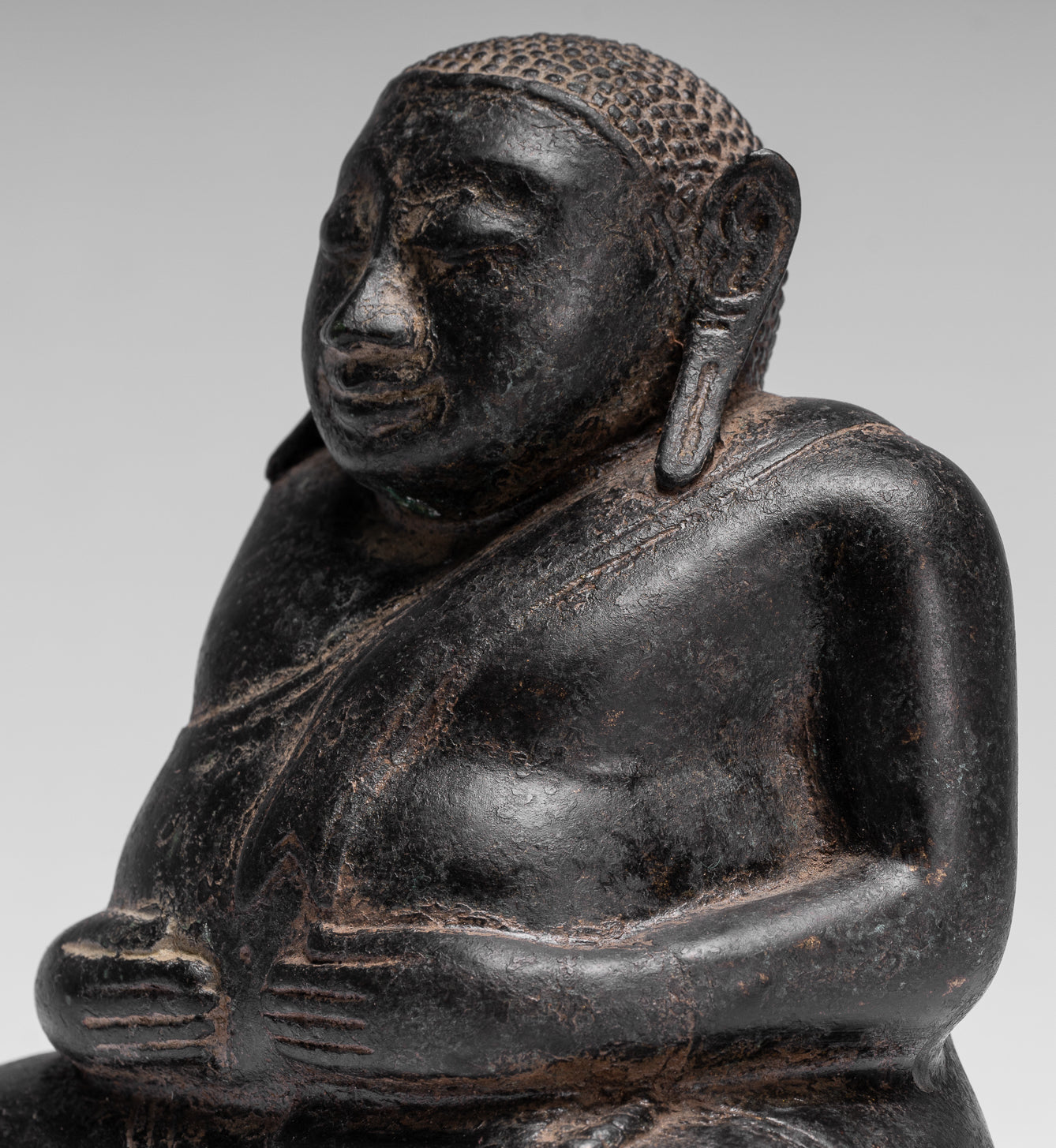 Statue di Buddha - Antique Khmer in stile Khmer Bronzo felice, grasso, statua di Buddha Budai - 18 cm/7 "