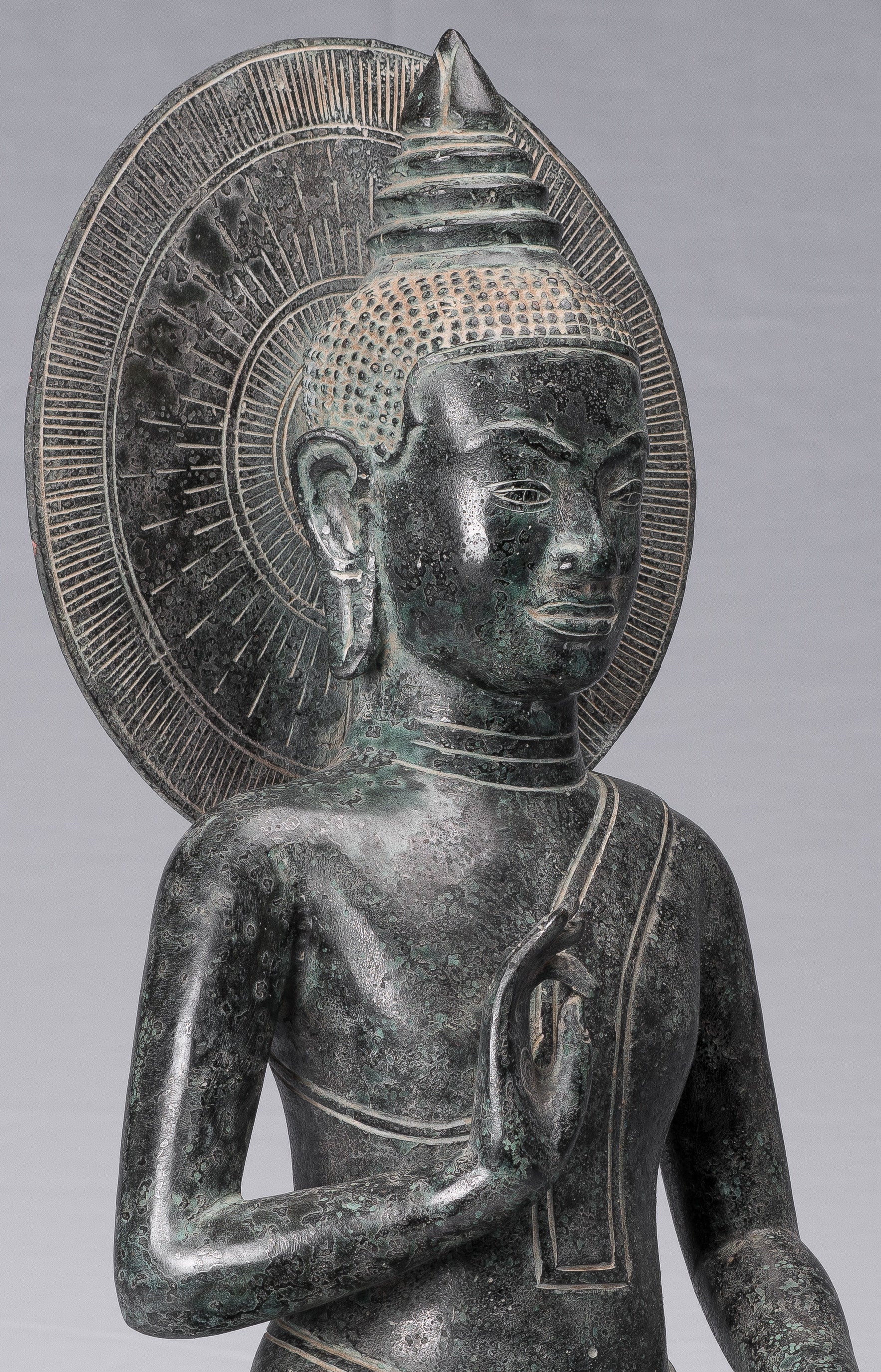 Buddha-Statue – antike Bronze-Buddha-Statue im Khmer-Stil, Dharmachakra-Lehr-Mudra – 50 cm