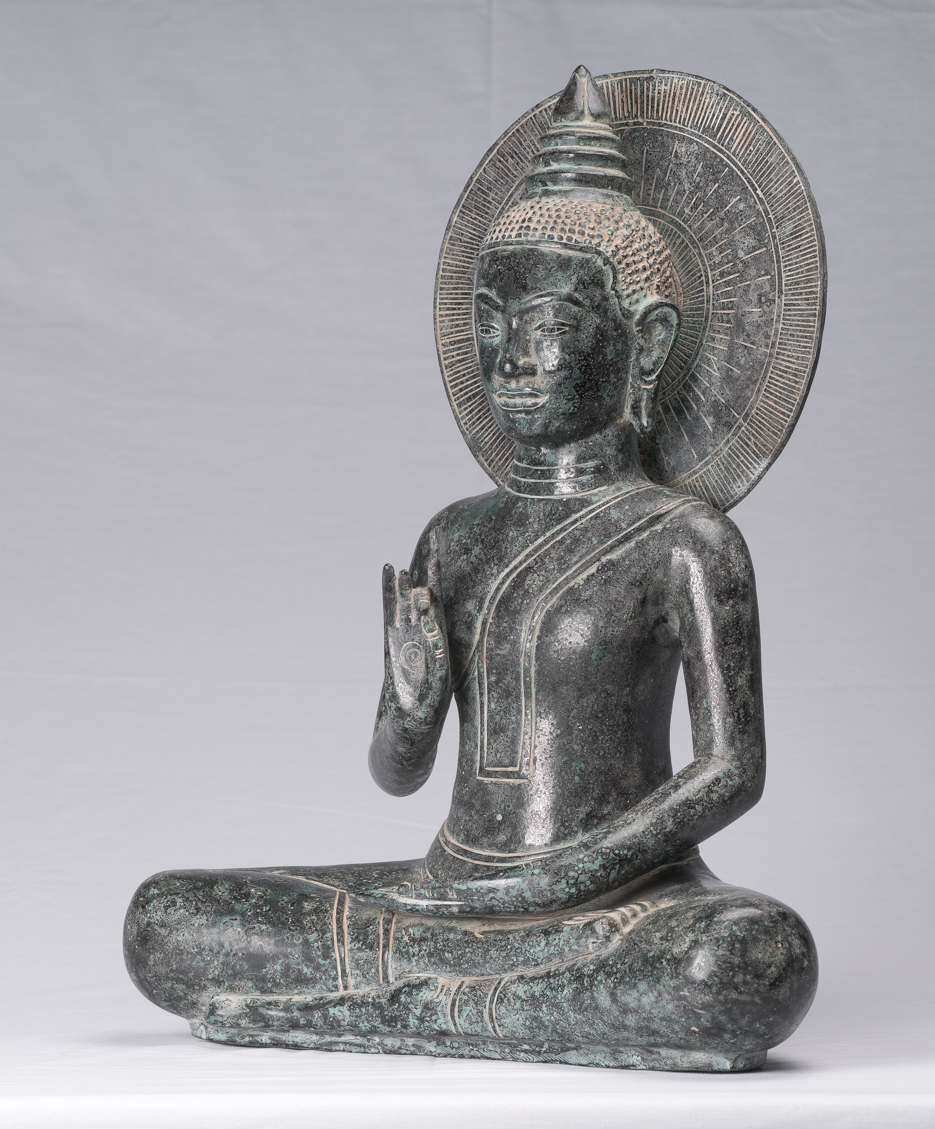 Buddha-Statue – antike Bronze-Buddha-Statue im Khmer-Stil, Dharmachakra-Lehr-Mudra – 50 cm